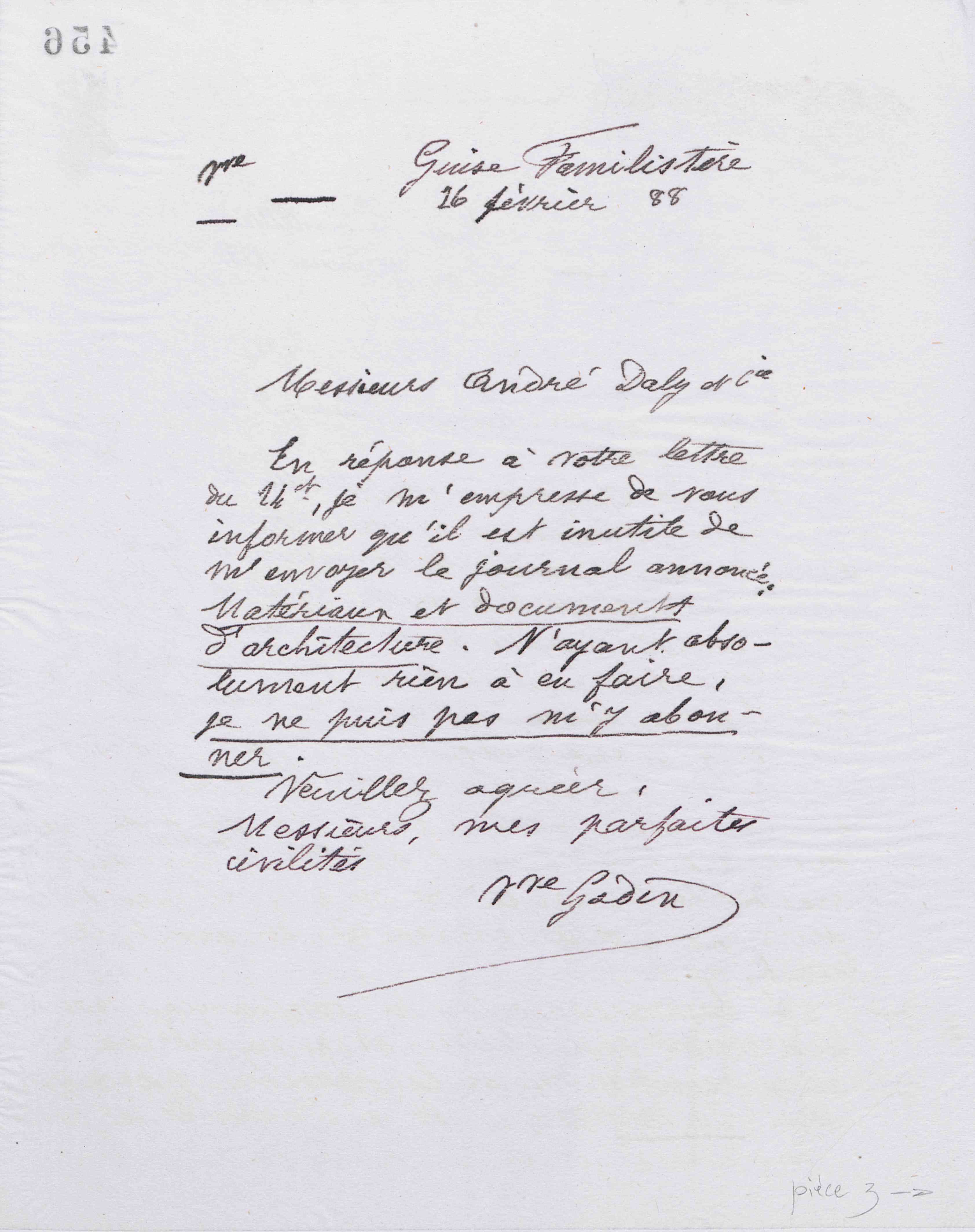 Marie Moret à André Daly et Cie, 26 février 1888