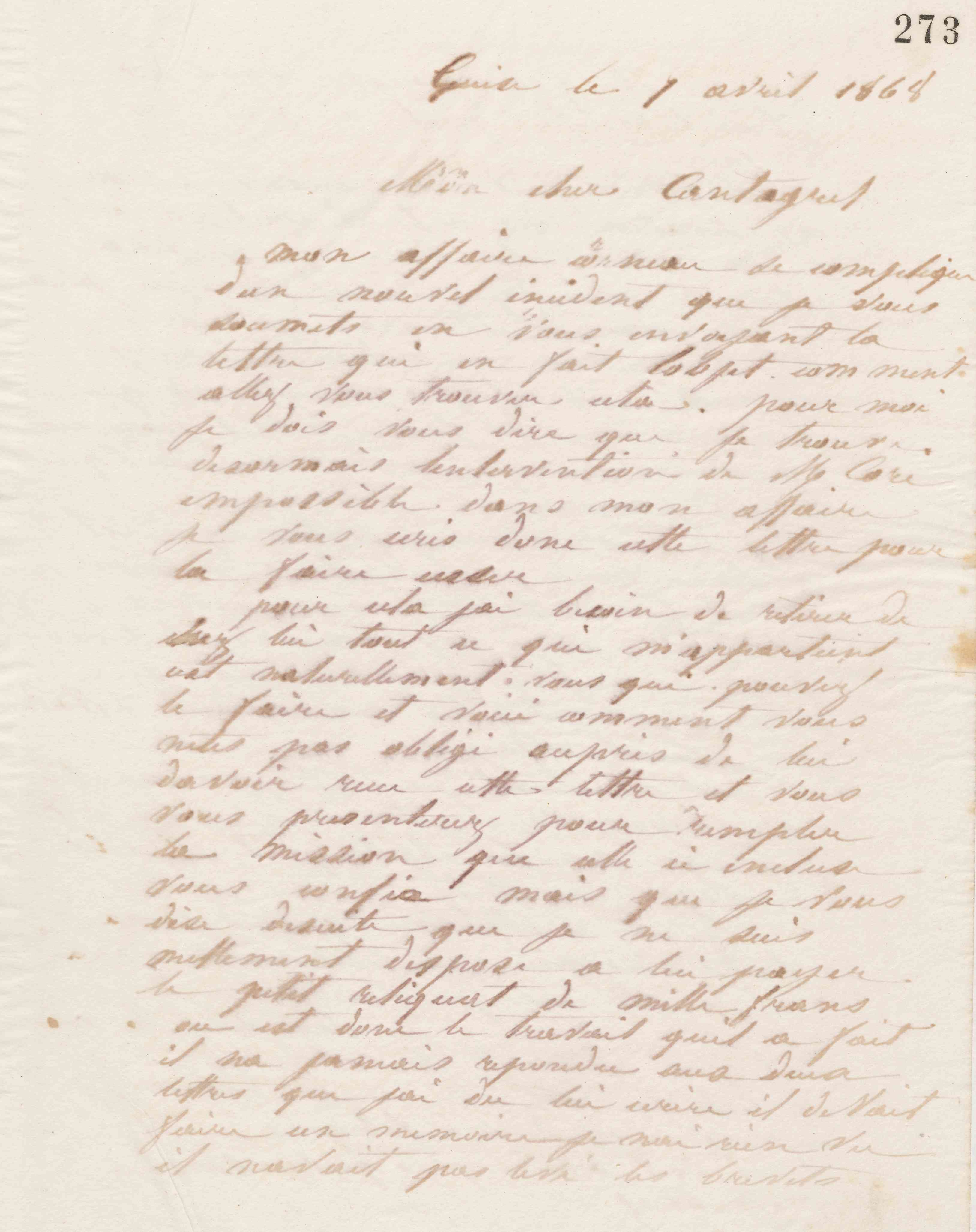 Jean-Baptiste André Godin à François Cantagrel, 1er avril 1868