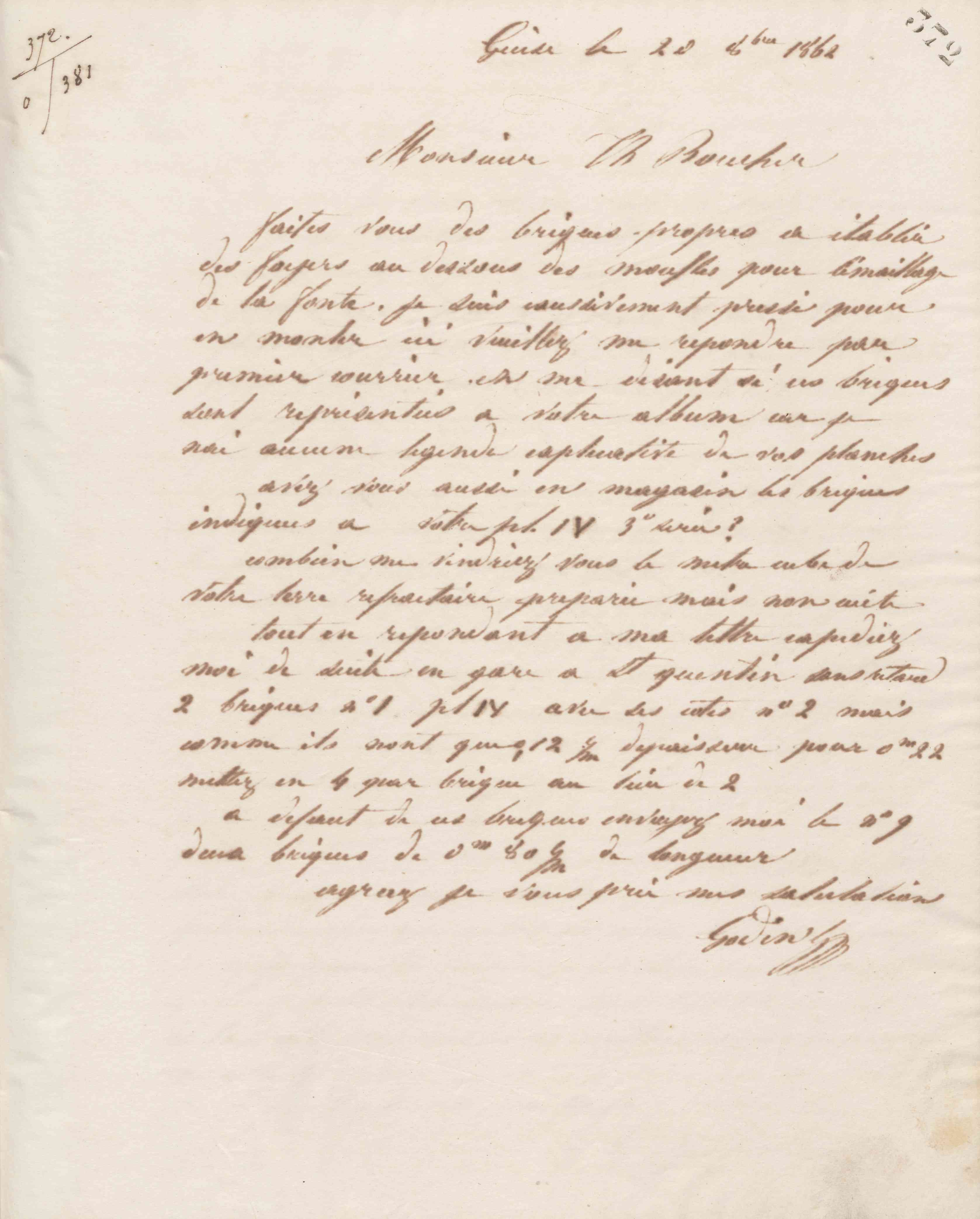 Jean-Baptiste André Godin à monsieur Th. Boucher, 20 octobre 1862