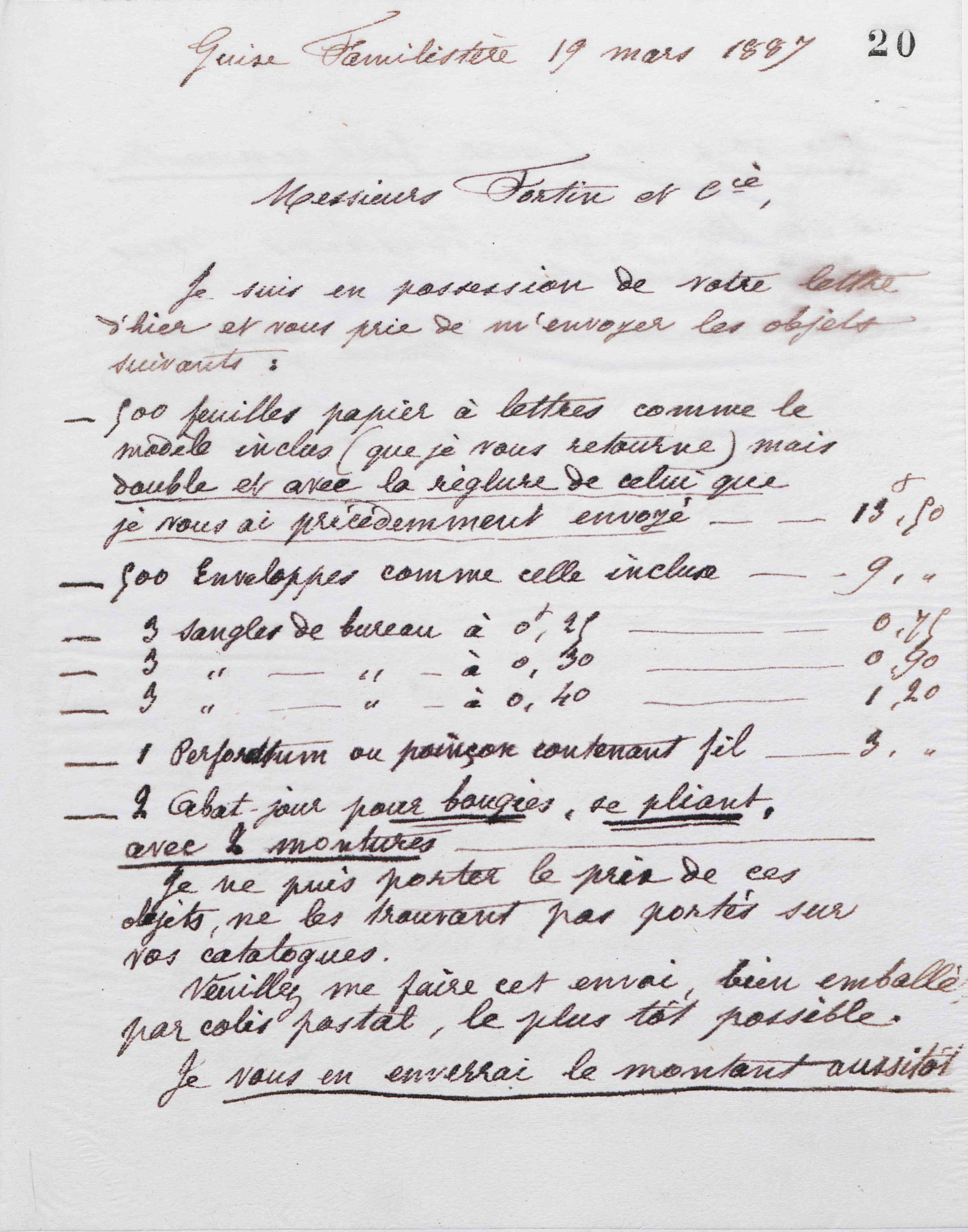 Marie Moret à Fortin et Cie, 19 mars 1887 Marie Moret à Fortin et Cie, 19 mars 1887