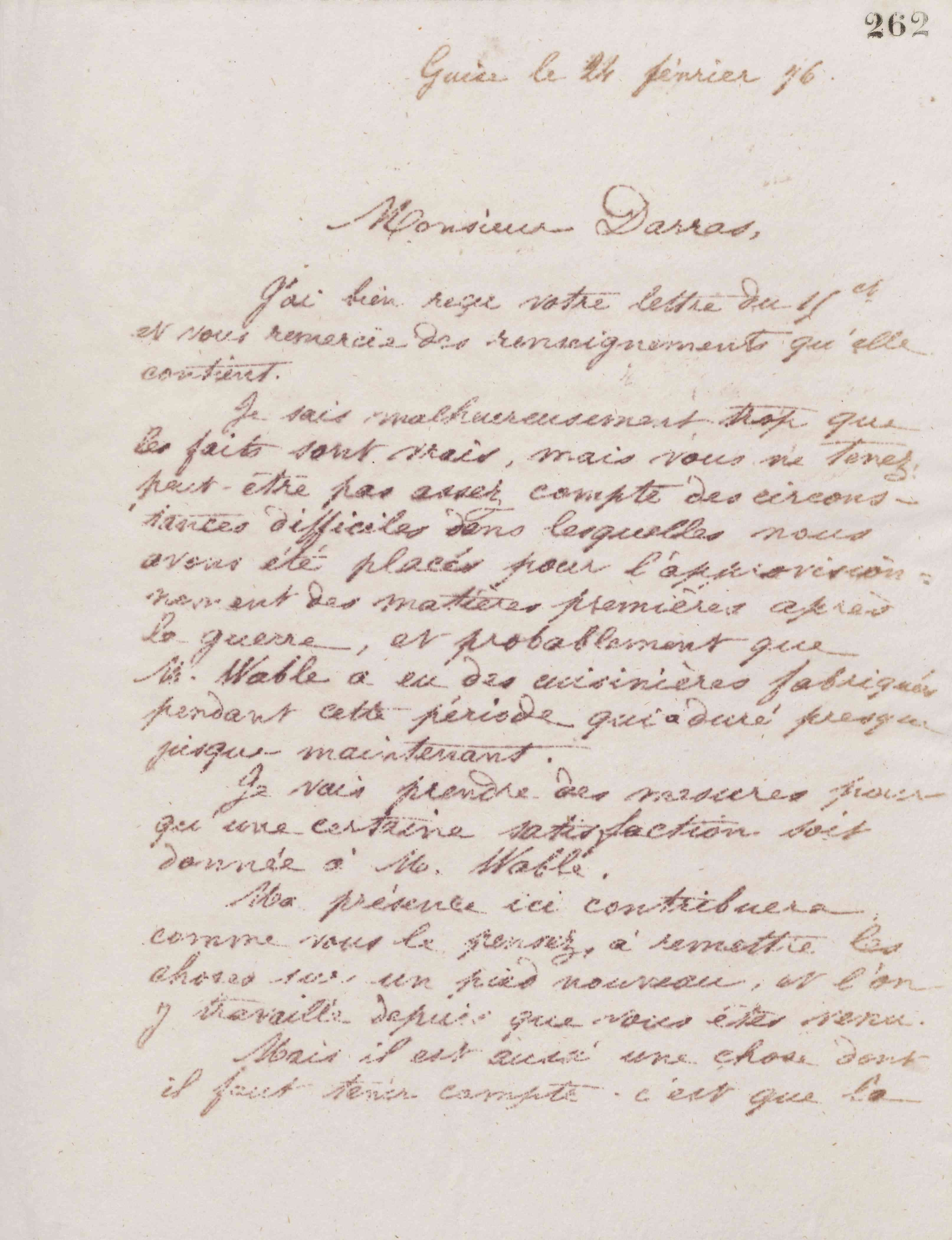Jean-Baptiste André Godin à monsieur Darras, 24 février 1876