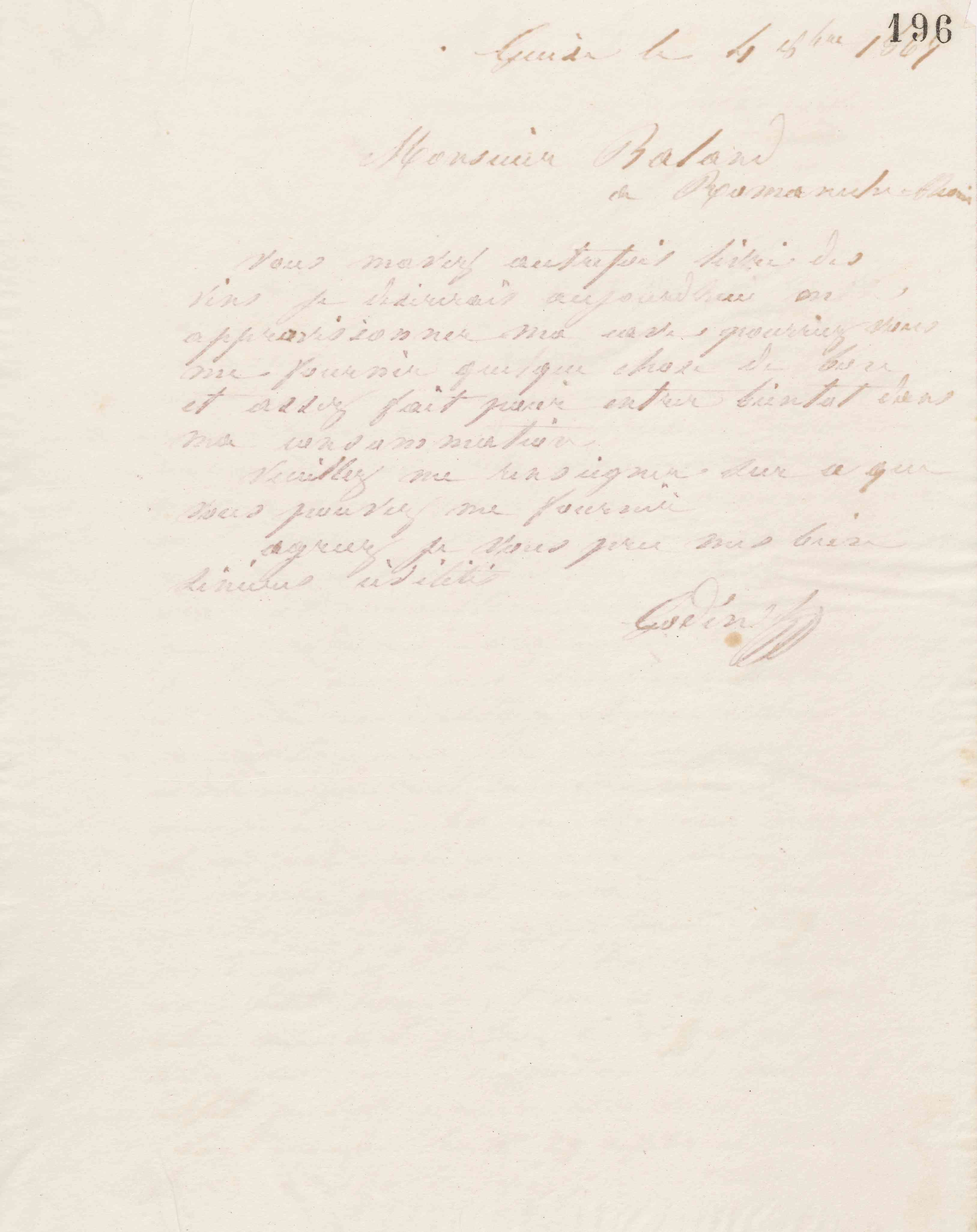 Jean-Baptiste André Godin à monsieur Baland, 4 octobre 1867