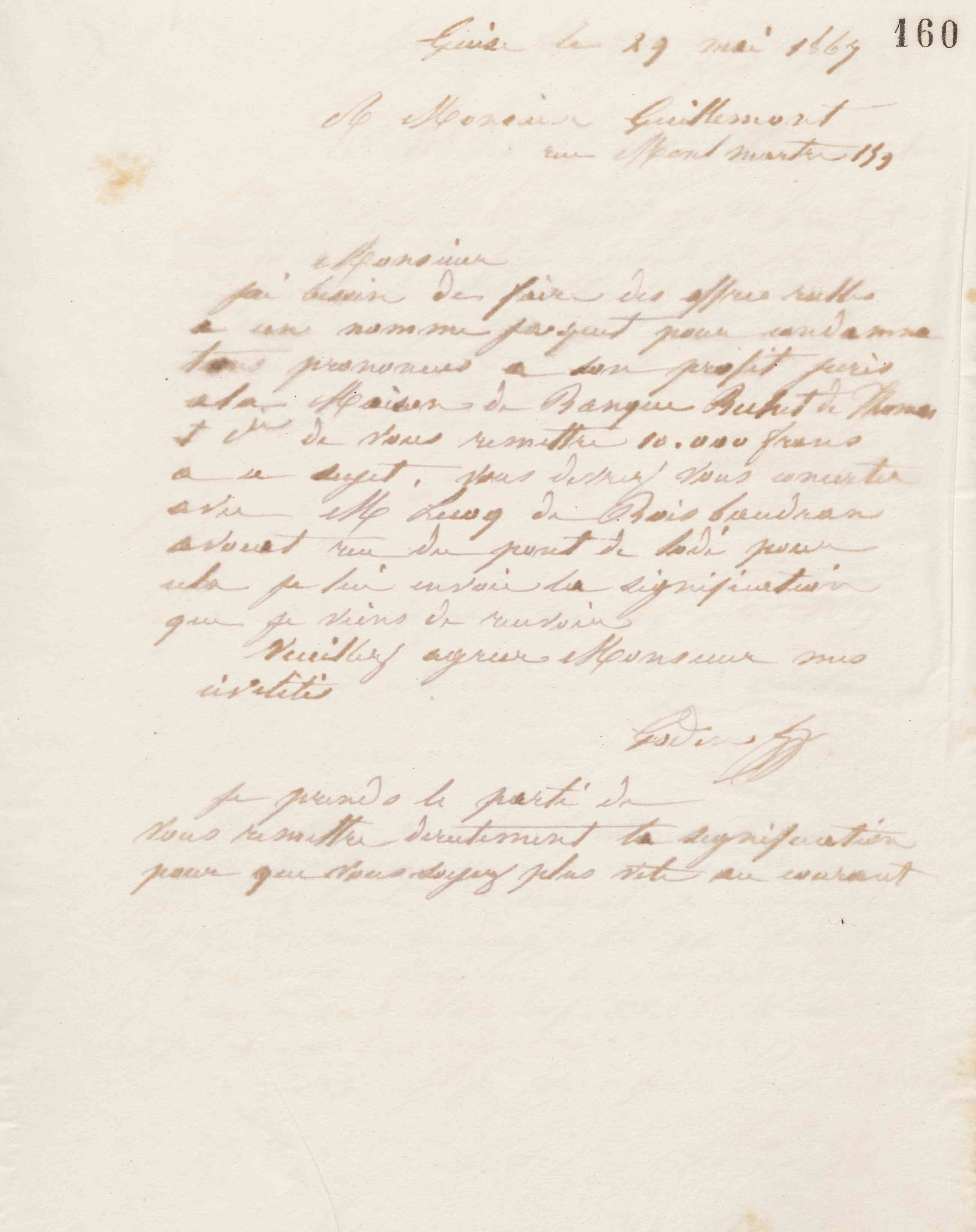 Jean-Baptiste André Godin à monsieur Guillemont, 29 mai 1867