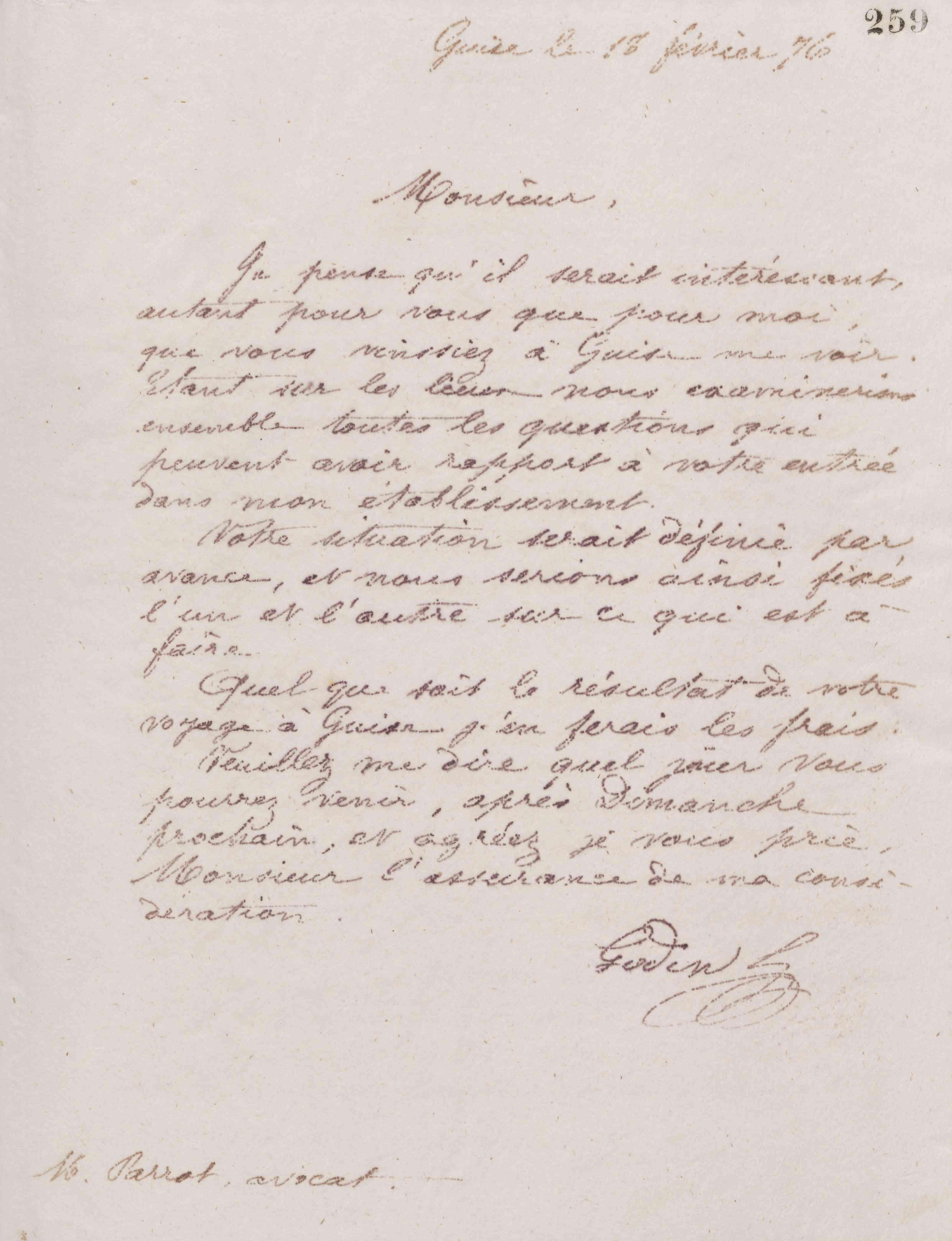Jean-Baptiste André Godin à monsieur Parrot, 18 février 1876