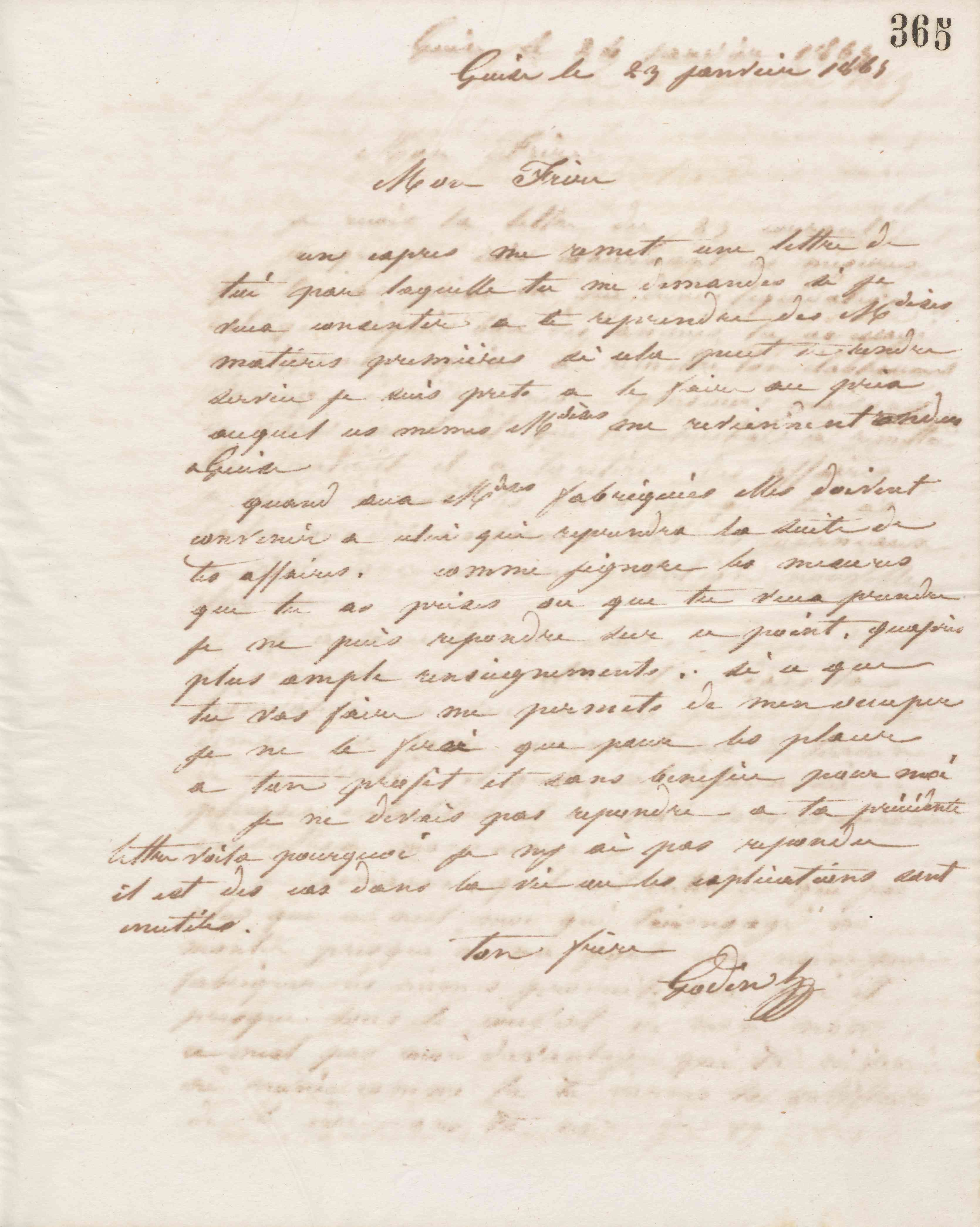Jean-Baptiste André Godin à Alexandre Barthélemy Godin, 23 janvier 1865