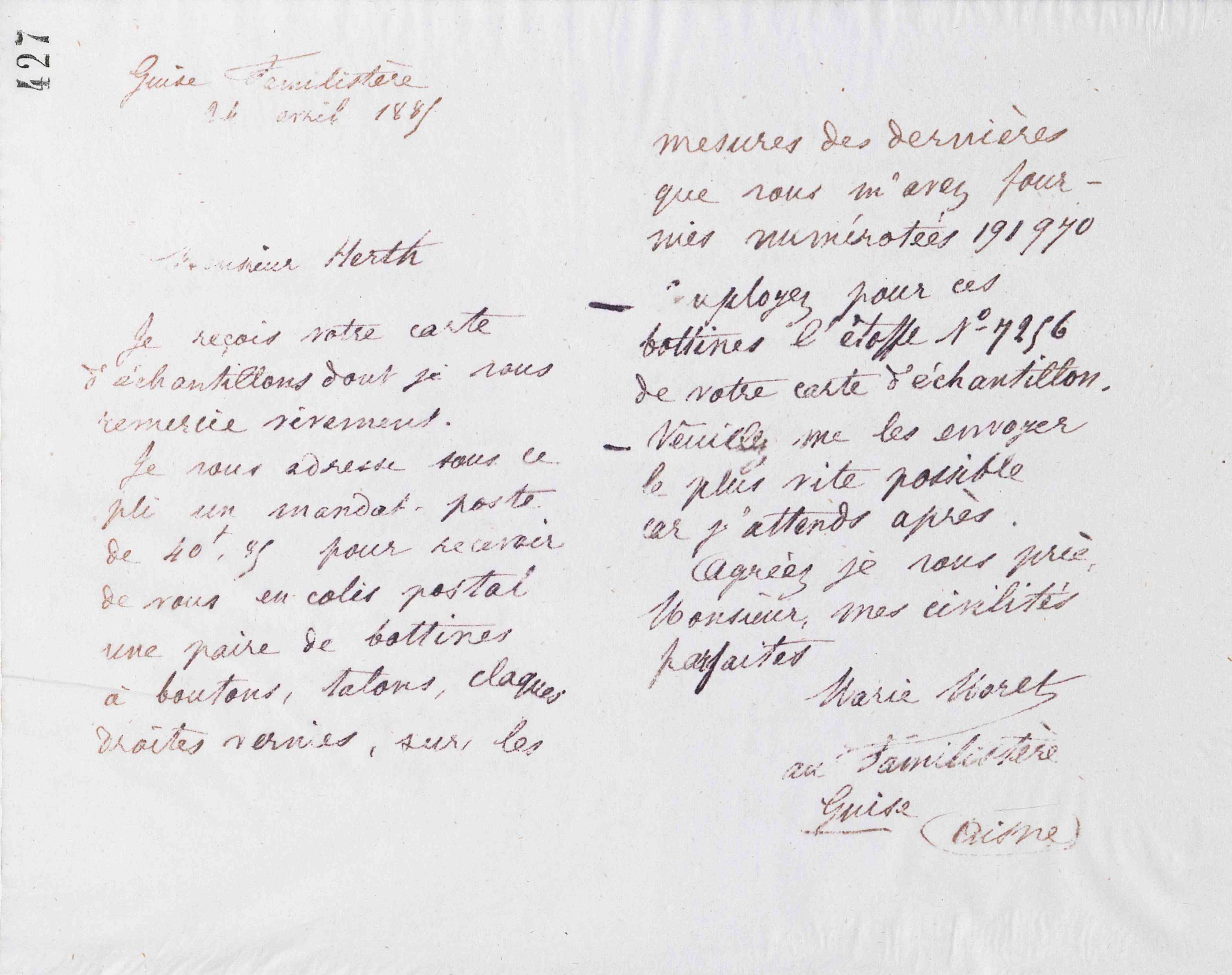Marie Moret à Henry Herth, 24 avril 1885