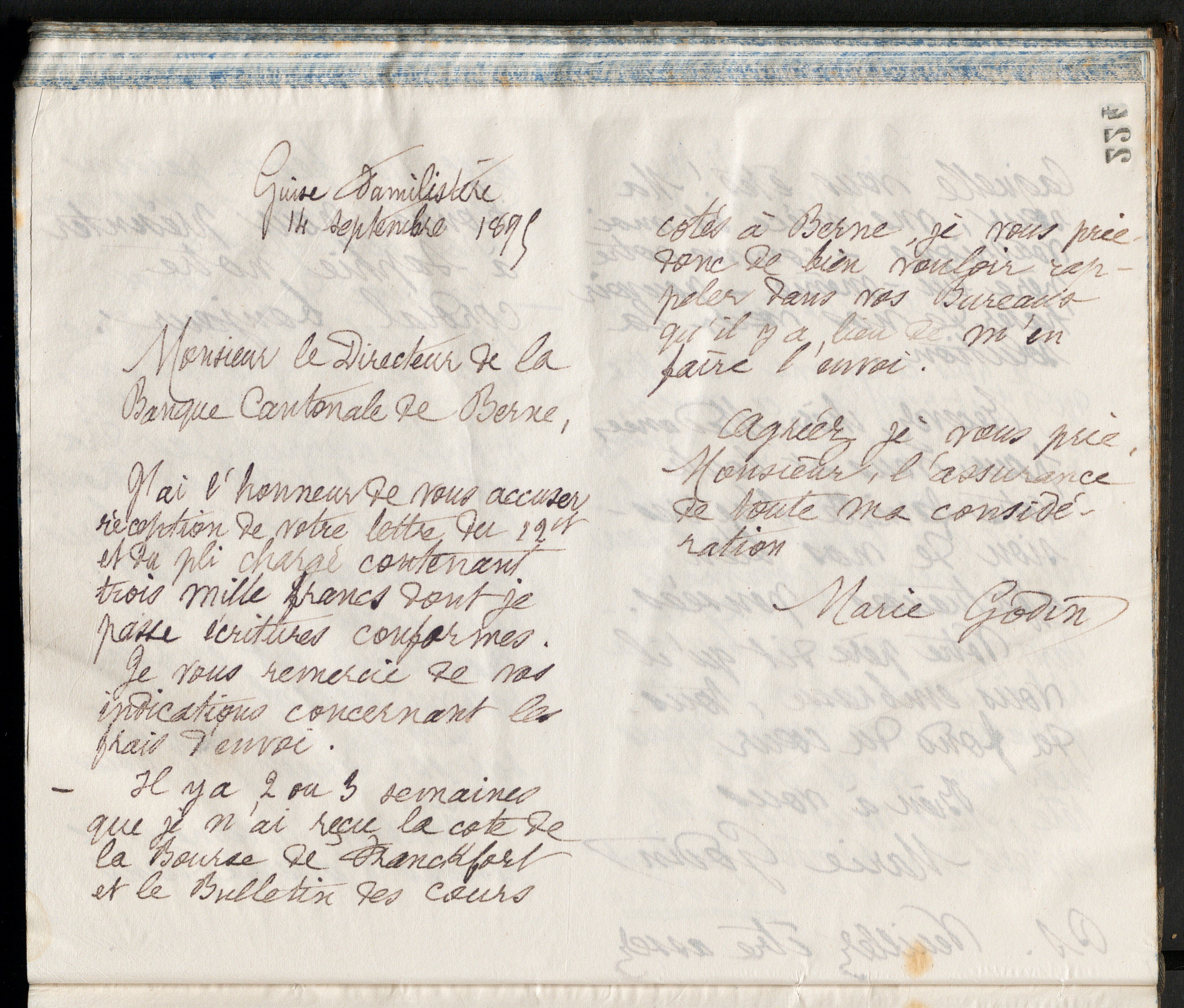 Marie Moret au directeur de la Banque cantonale de Berne, 14 septembre 1895