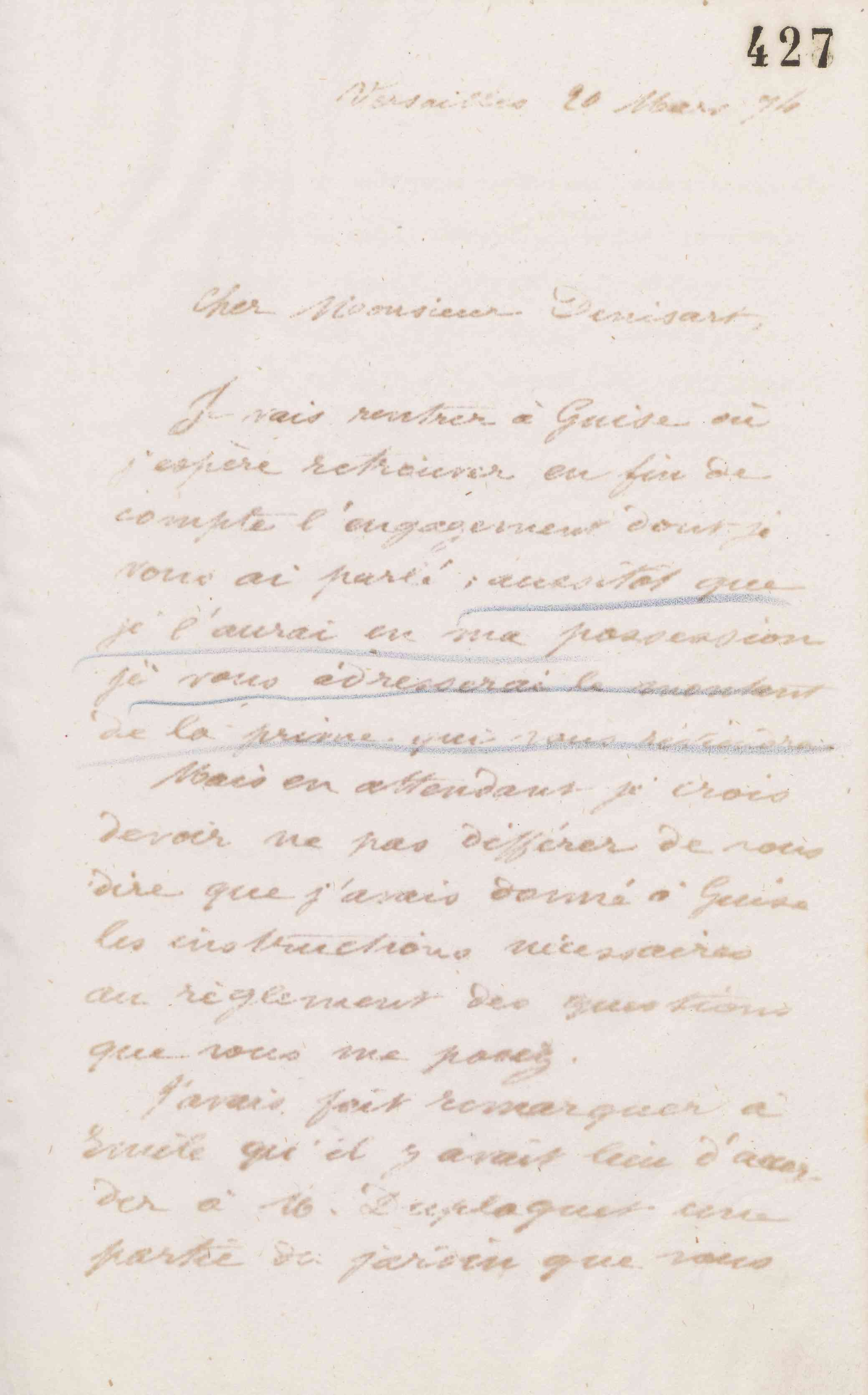 Jean-Baptiste André Godin à Alfred Denisart, 20 mars 1874