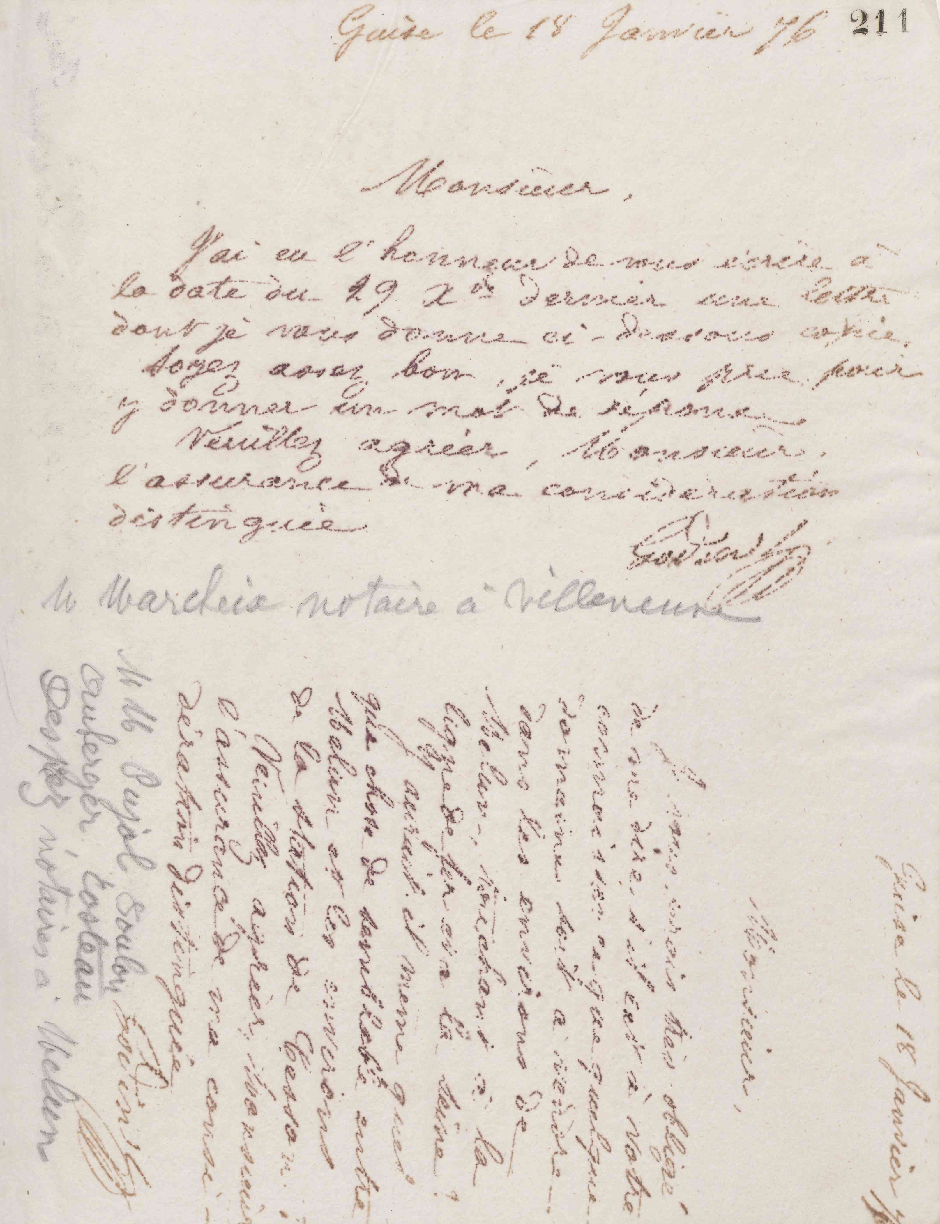 Jean-Baptiste André Godin à messieurs Pujol, Foulon, Aubergé, Costeau et Desprez, notaires à Melun, 18 janvier 1876