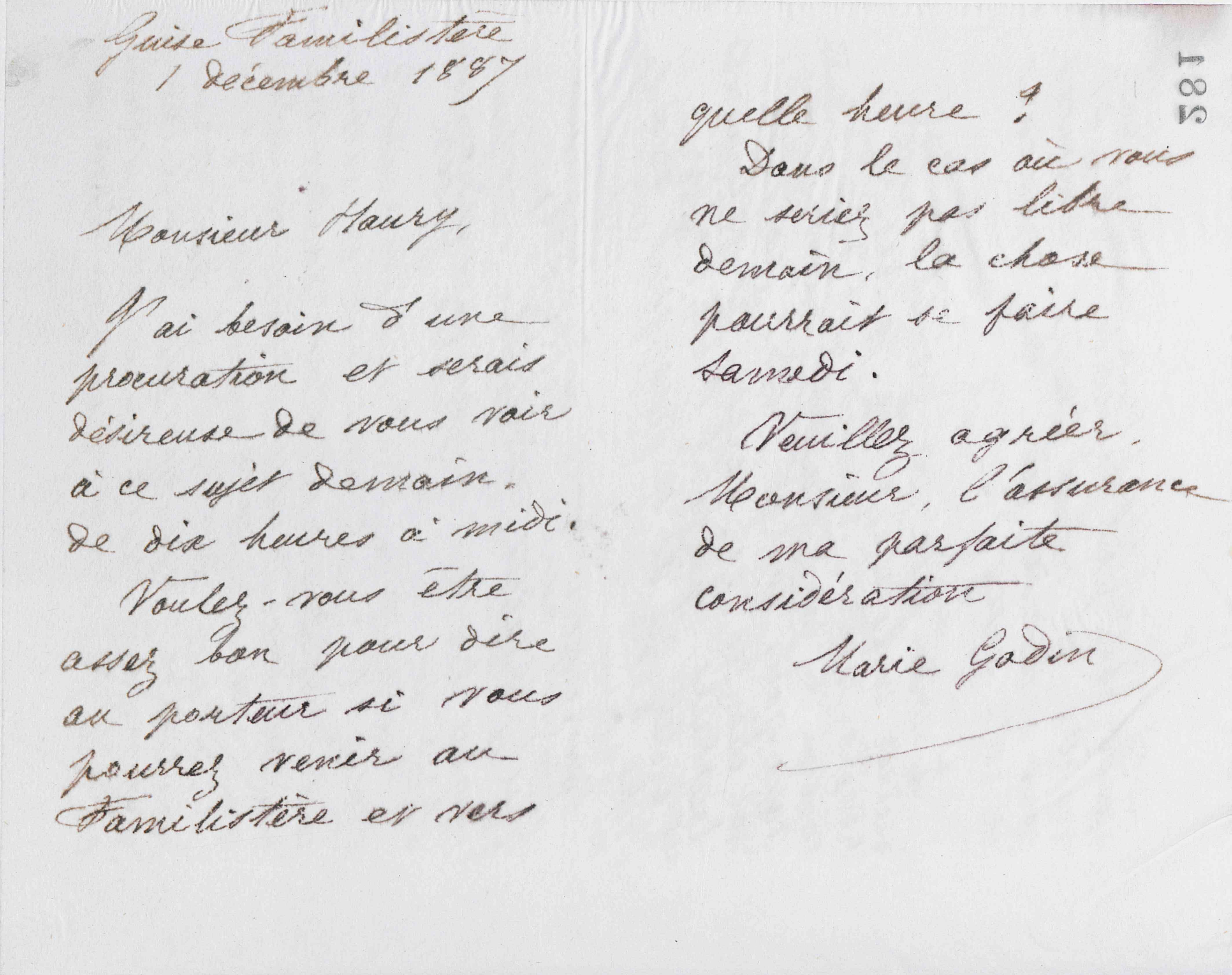 Marie Moret à monsieur Haury, 1er décembre 1887