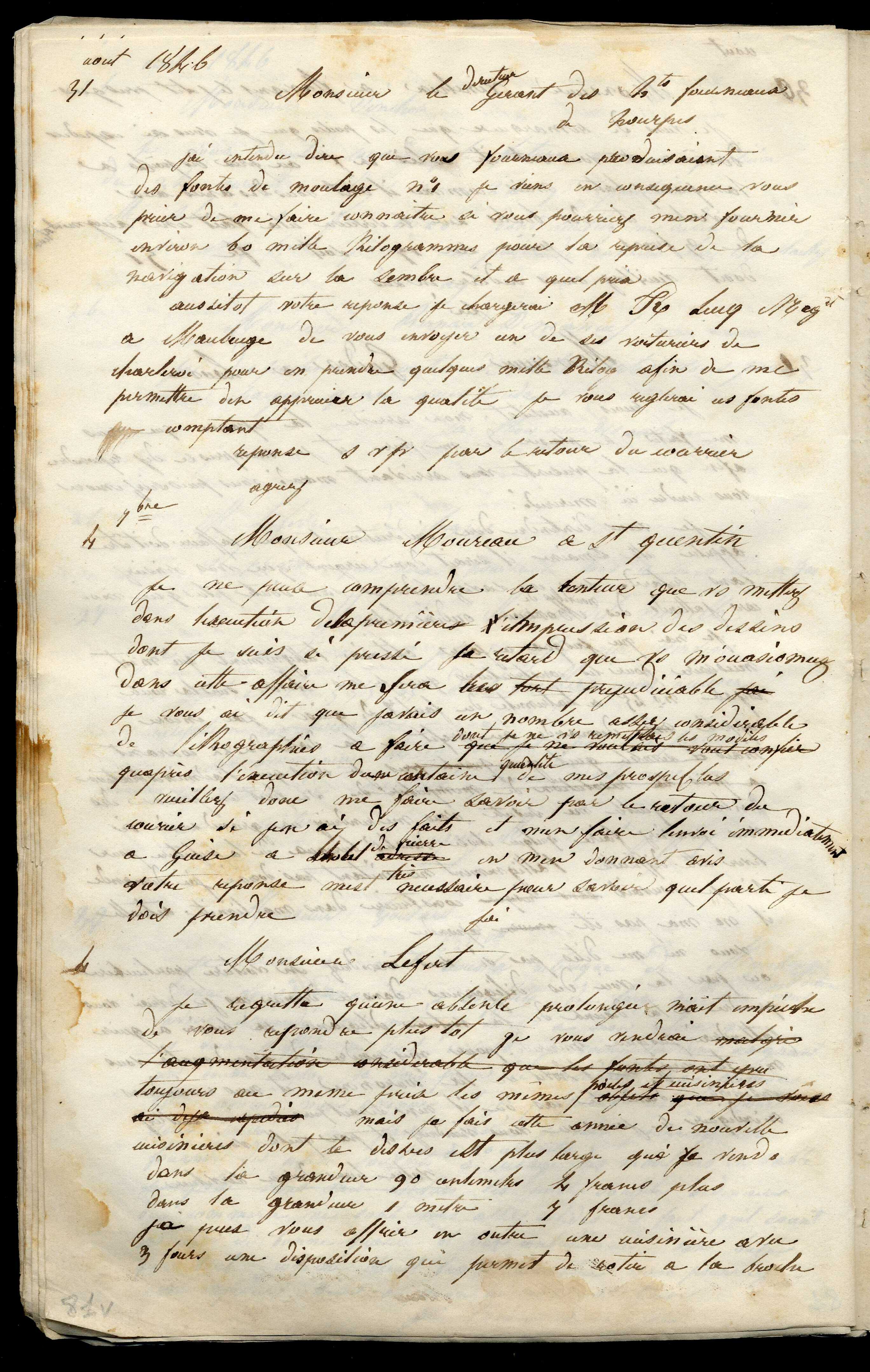 Jean-Baptiste André Godin à monsieur le directeur-gérant des hauts-fourneaux de Hourpes, 31 août 1846