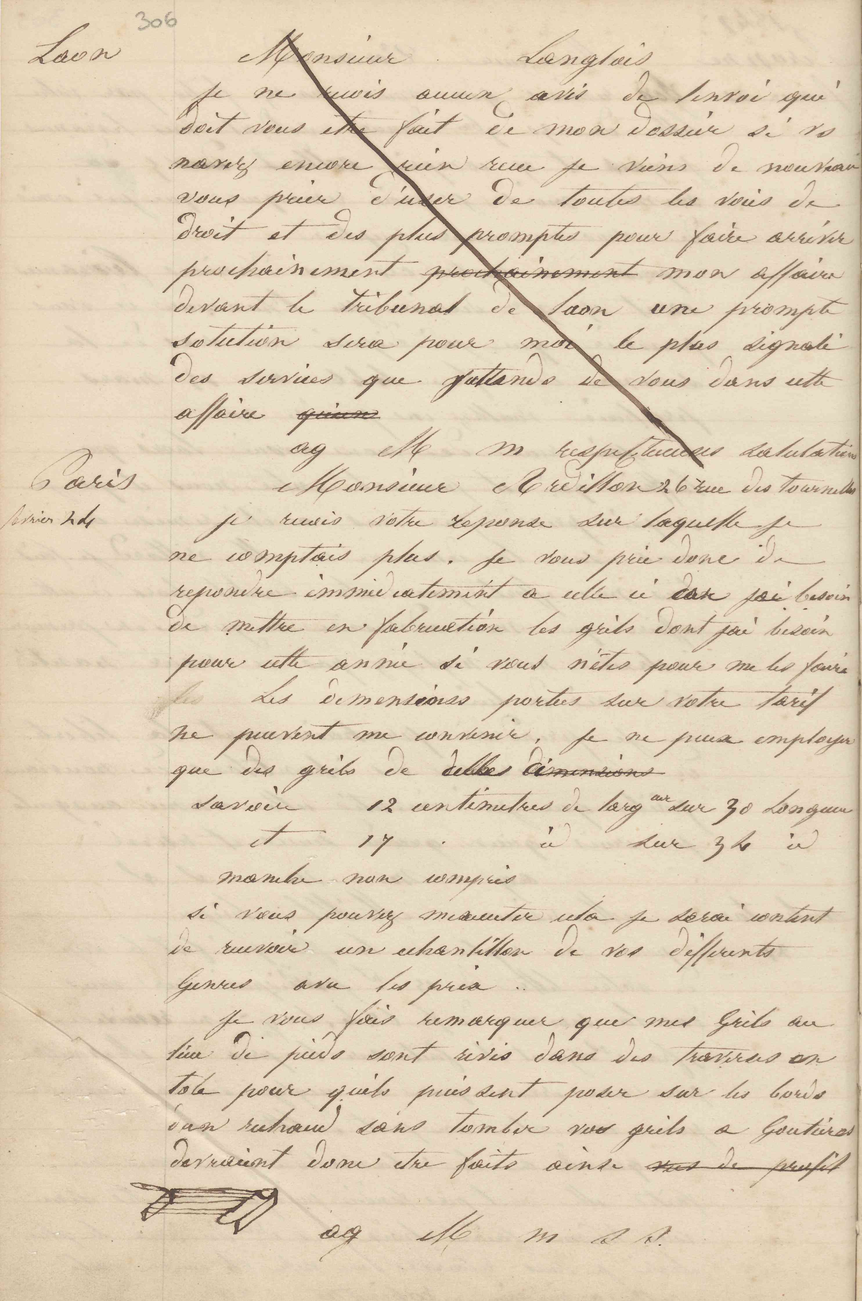 Jean-Baptiste André Godin à monsieur Langlois, 24 février 1849