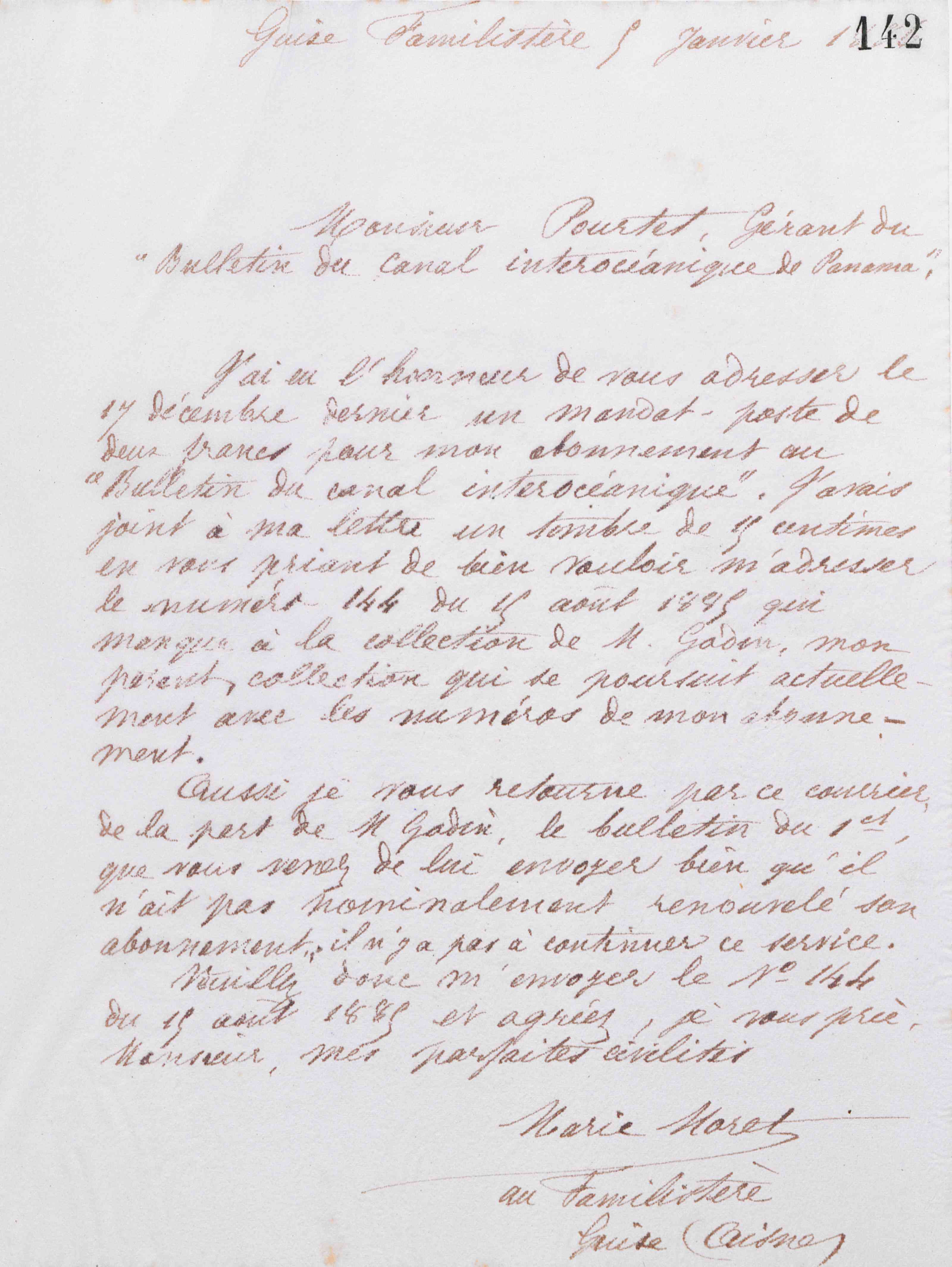 Marie Moret à monsieur Pourtet, 5 janvier 1886