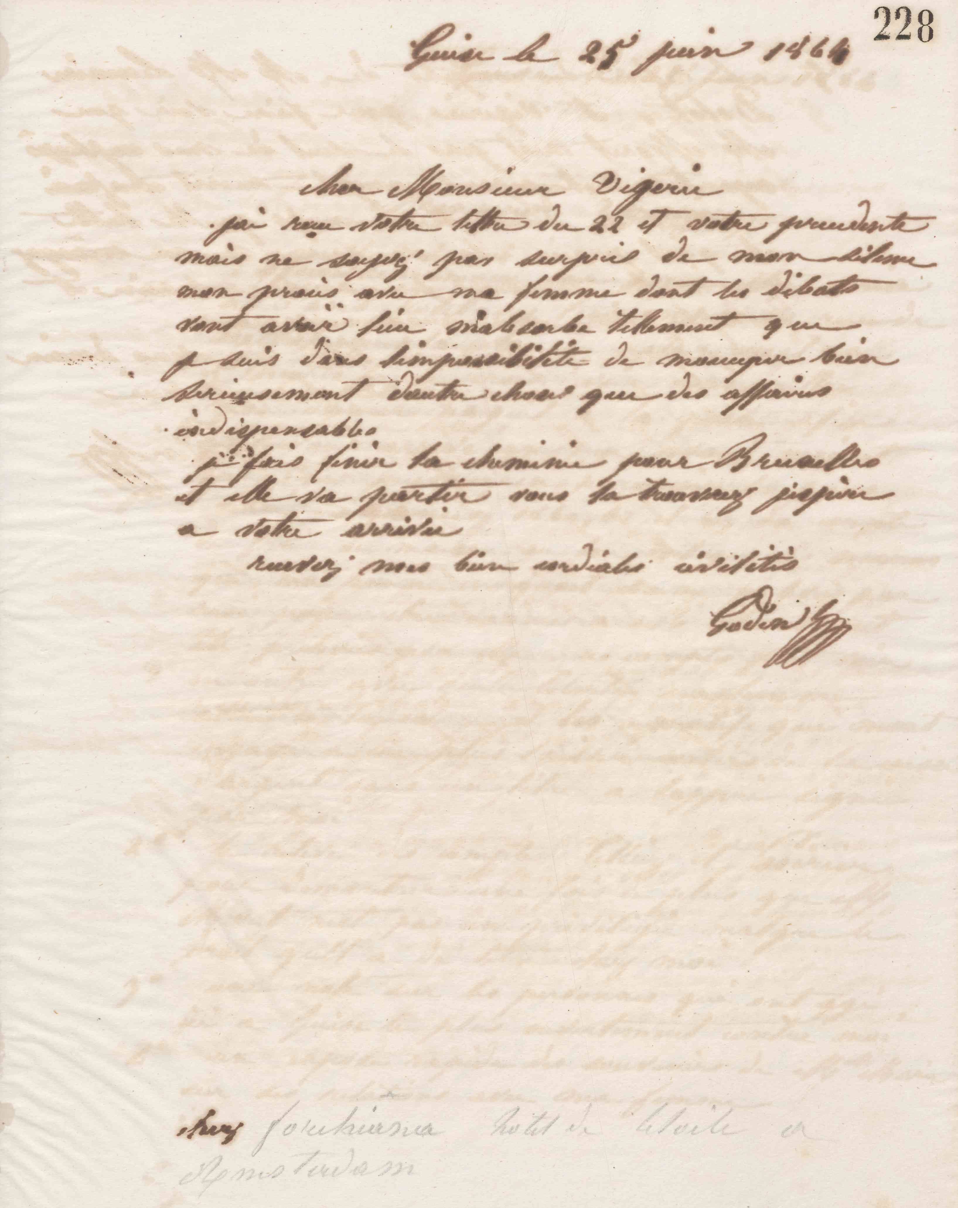 Jean-Baptiste André Godin à monsieur A. Vigerie, 25 juin 1864