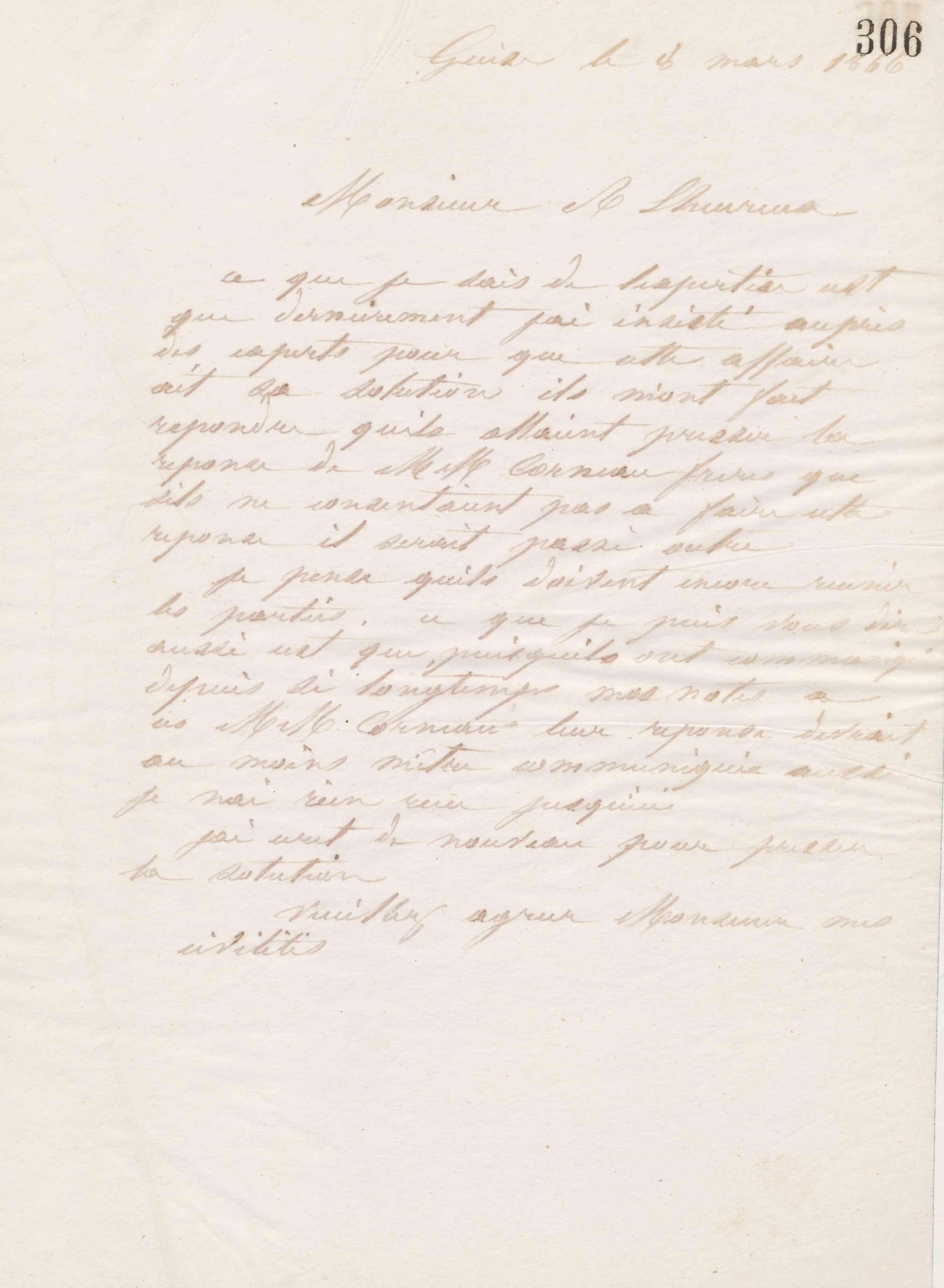 Jean-Baptiste André Godin à monsieur A. Lheureux, 8 mars 1866