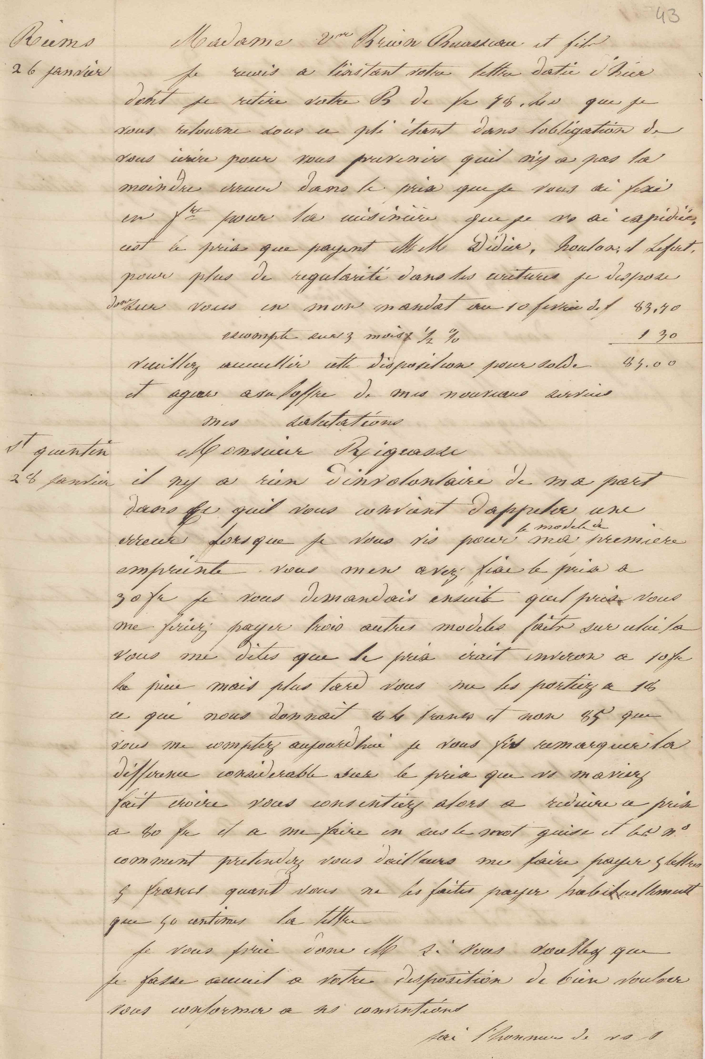 Jean-Baptiste André Godin à monsieur Rigeasse, 28 janvier 1847 Jean-Baptiste André Godin à monsieur Rigeasse, 28 janvier 1847