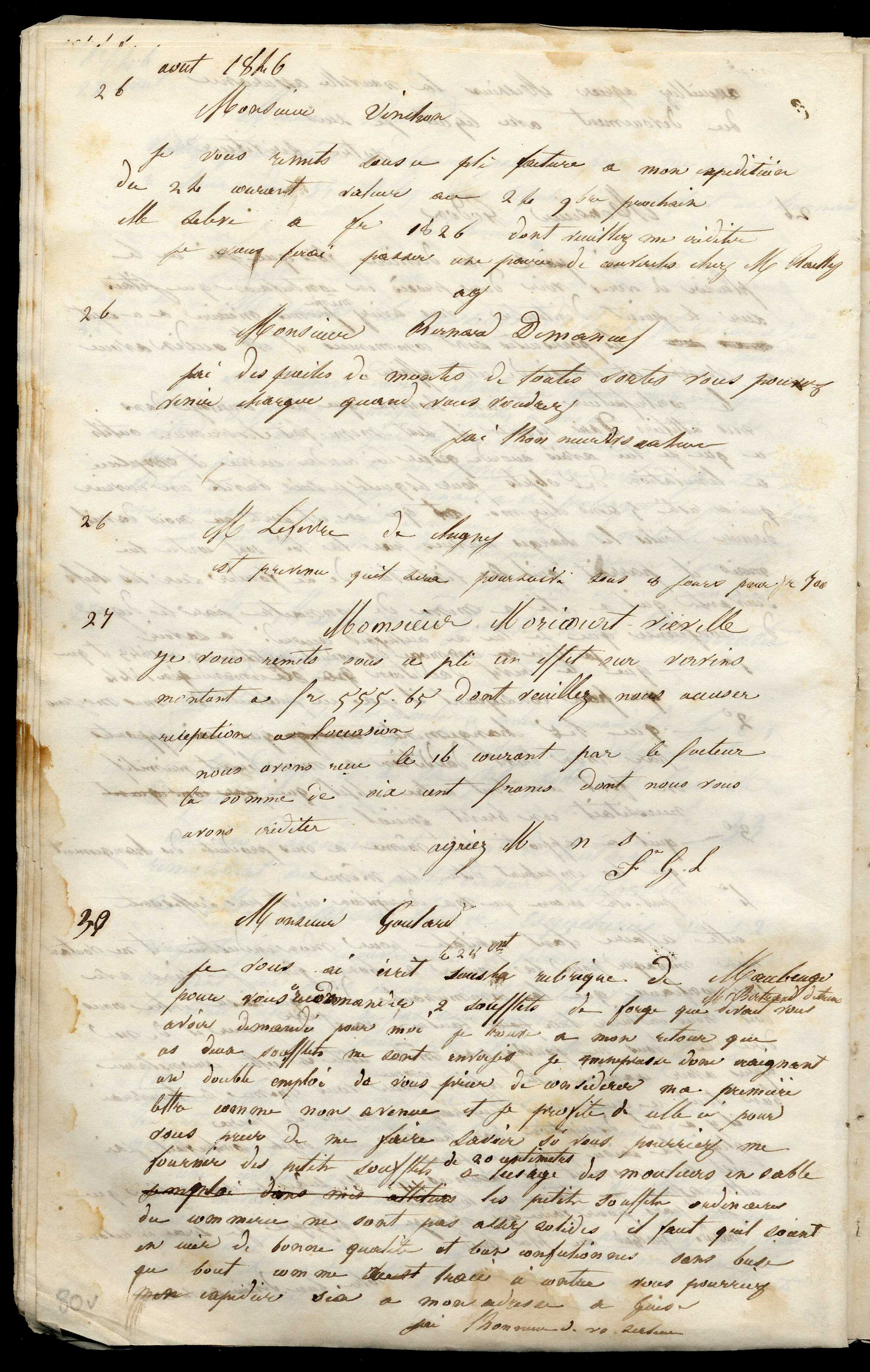 Jean-Baptiste André Godin à monsieur Bernard-Demaneuf, 26 [août 1846]