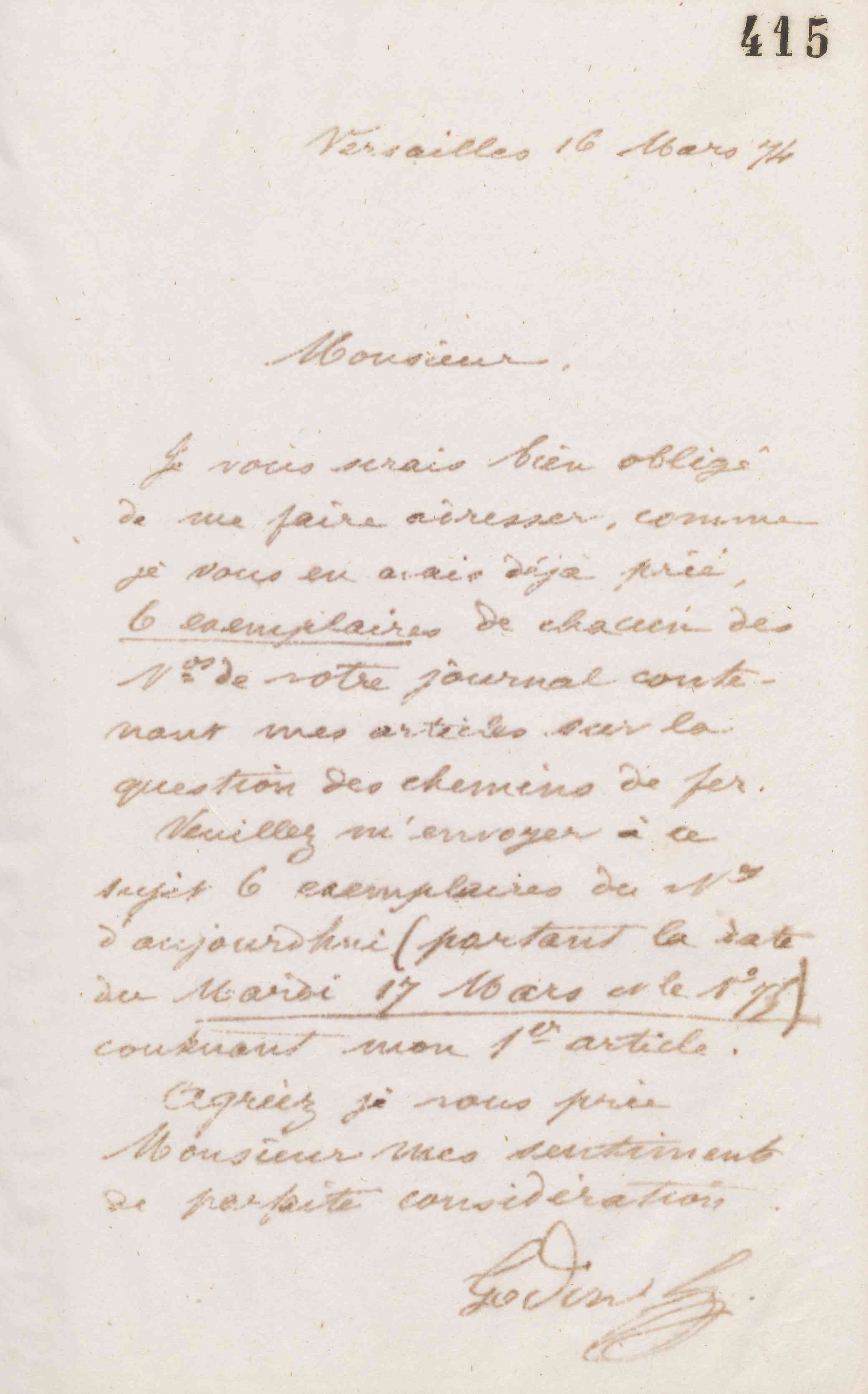 Jean-Baptiste André Godin au journal L'Opinion nationale, 16 mars 1874
