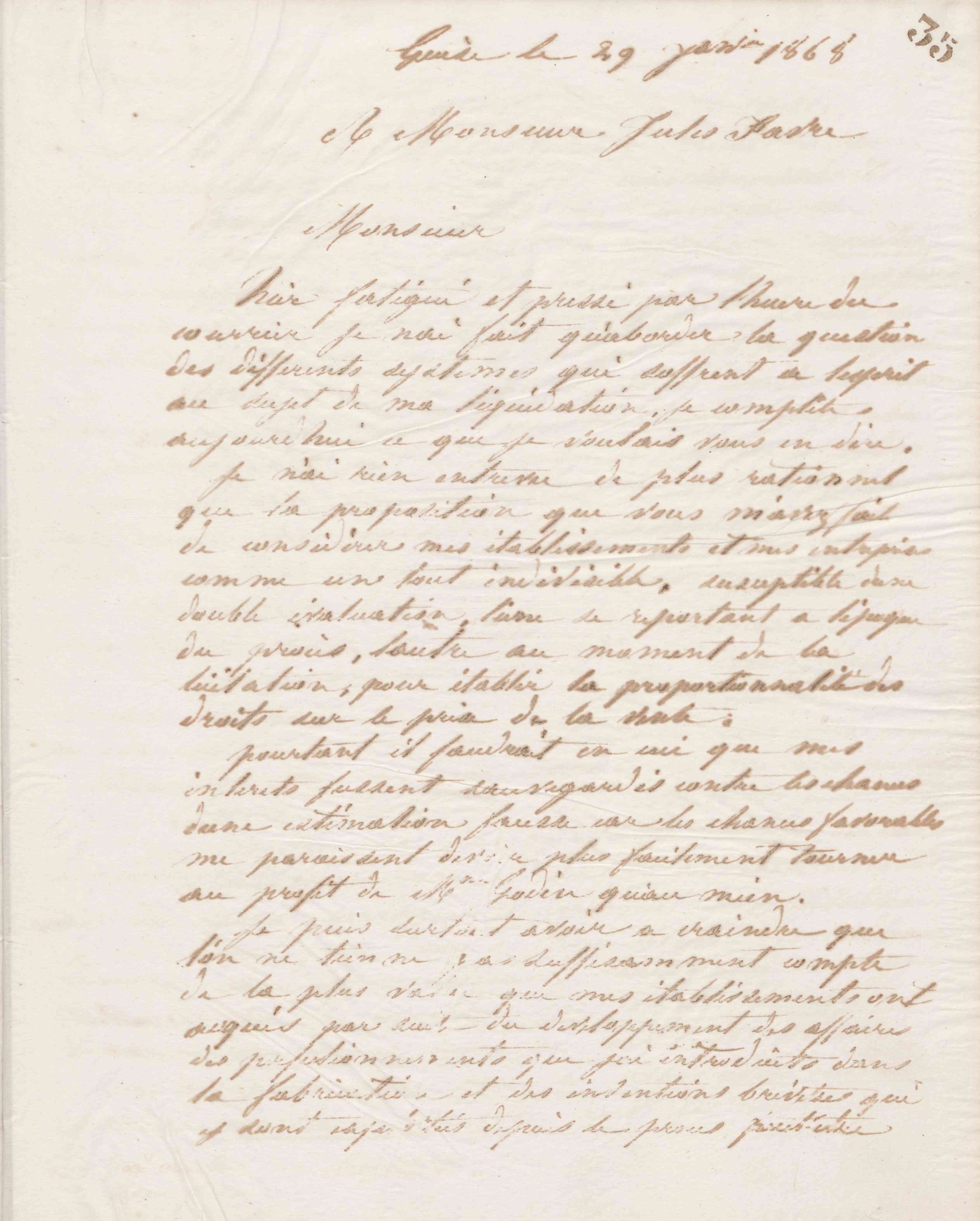 Jean-Baptiste André Godin à Jules Favre, 29 janvier 1868