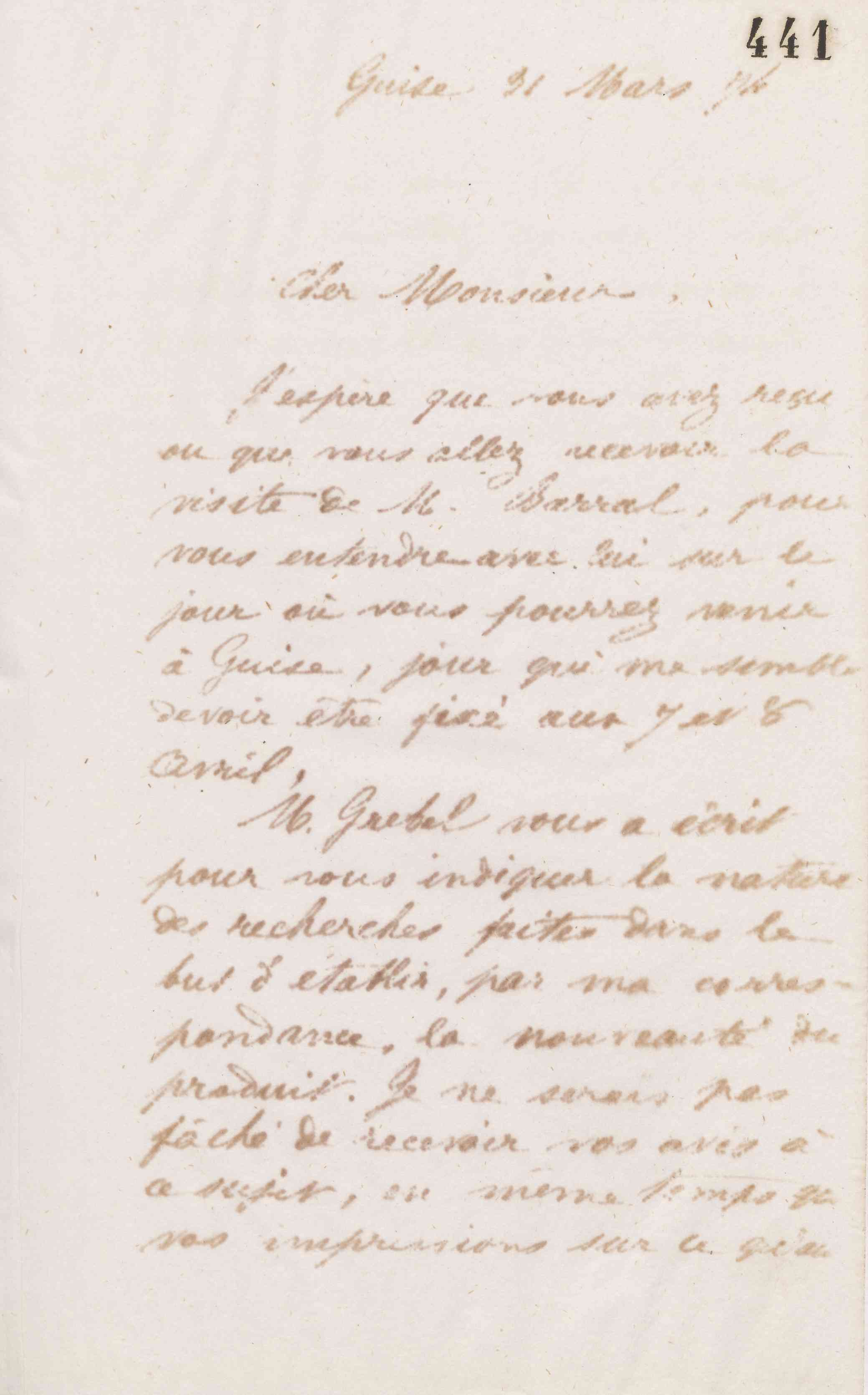 Jean-Baptiste André Godin à Guillaume Ernest Cresson, 31 mars 1874