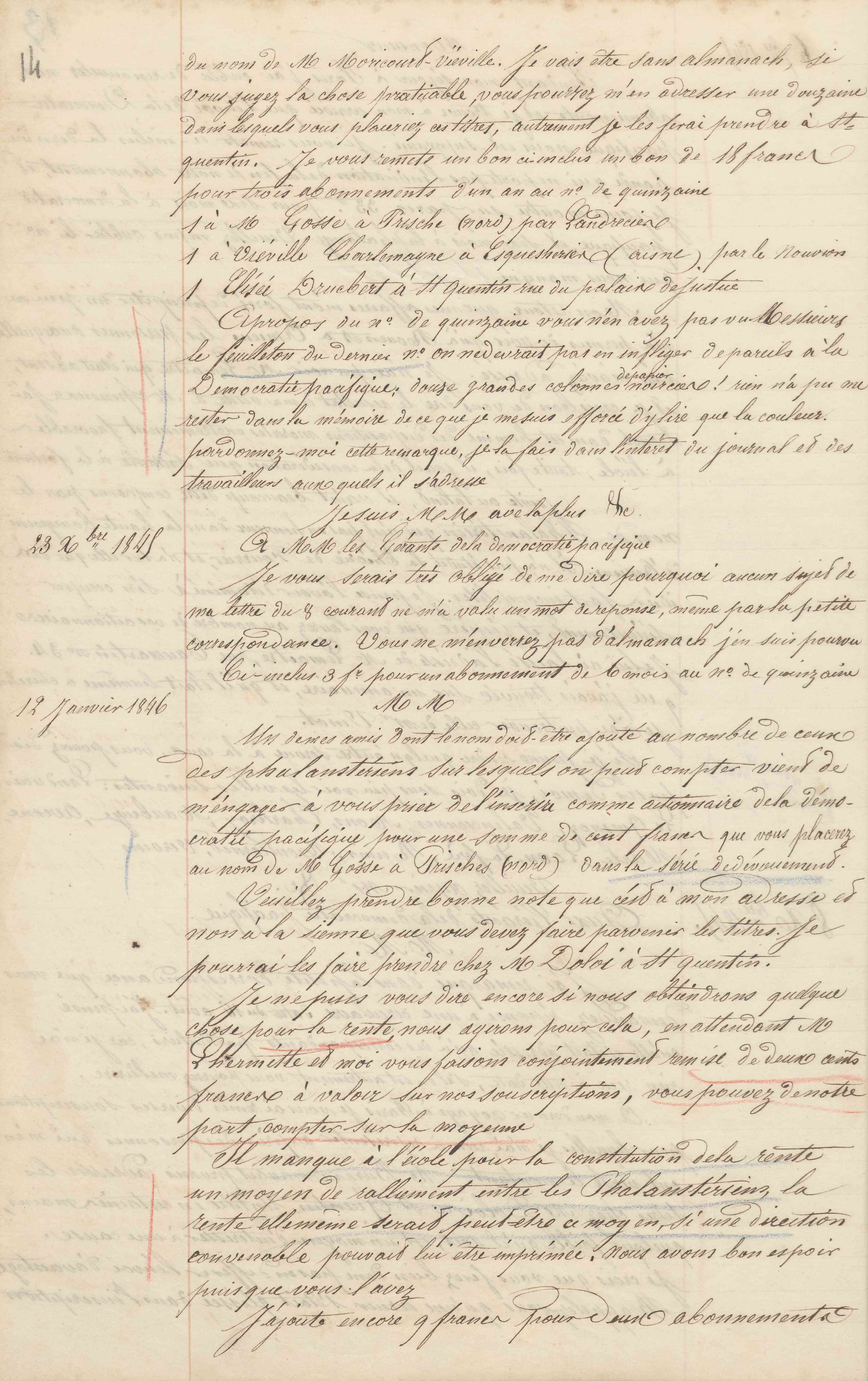 Jean-Baptiste André Godin aux gérants de La Démocratie pacifique, 8 décembre 1845