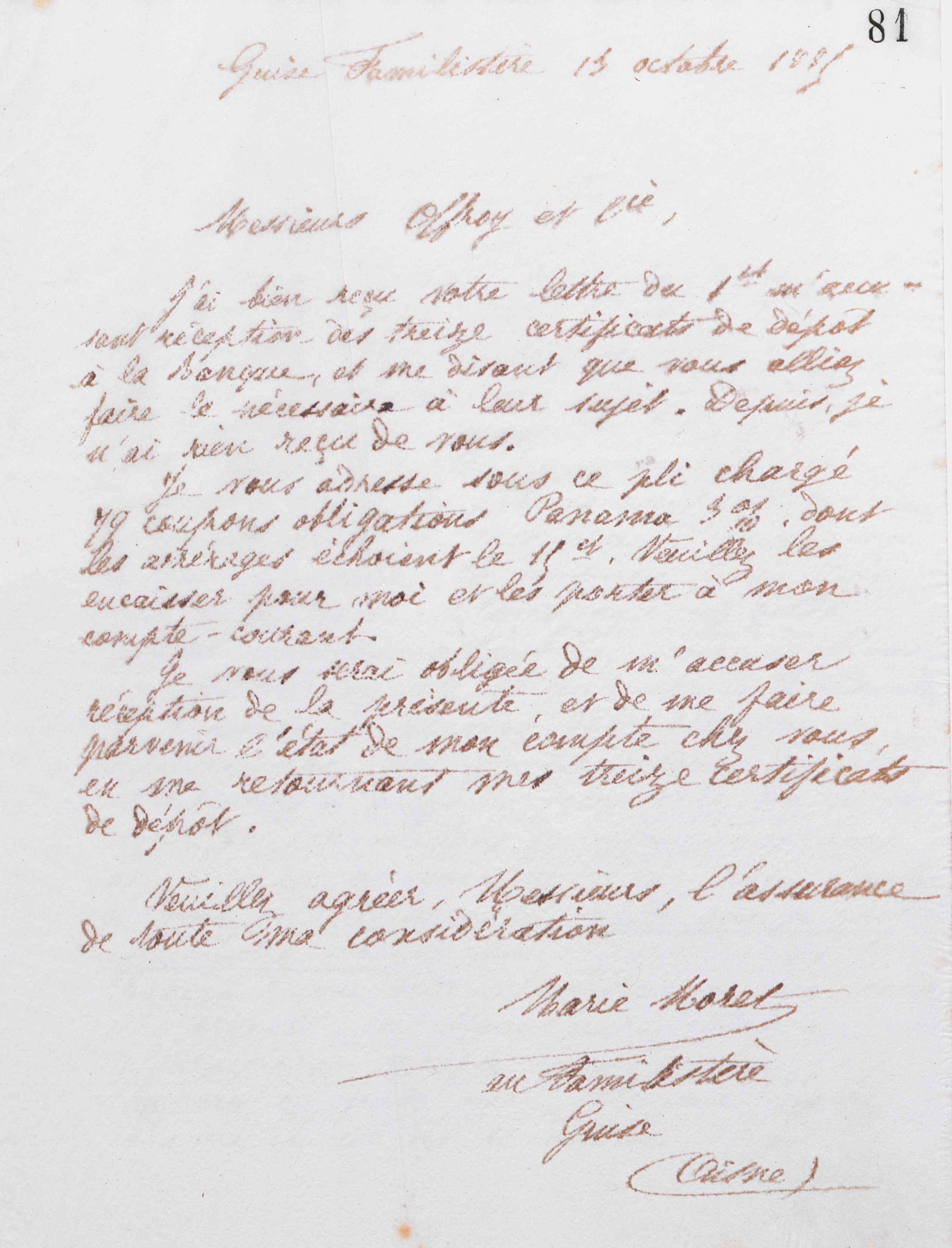 Marie Moret à Offroy et Cie, 13 octobre 1885 Marie Moret à Offroy et Cie, 13 octobre 1885