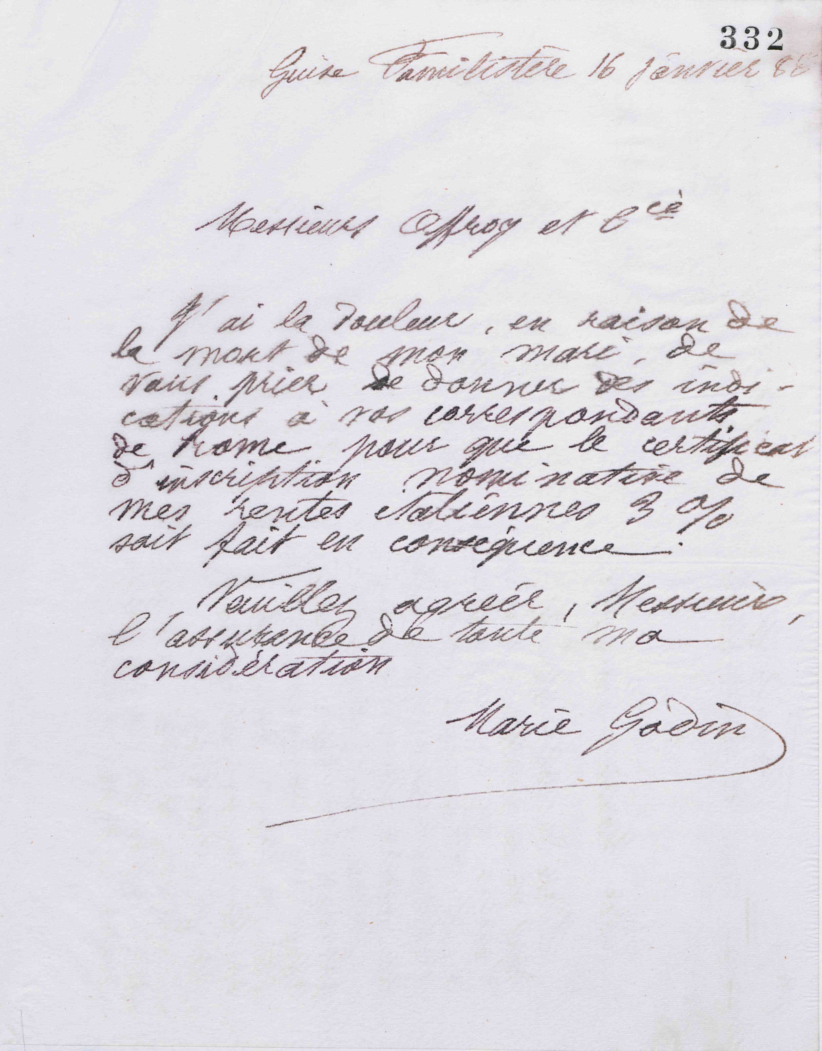 Marie Moret à Offroy et Cie, 16 janvier 1888