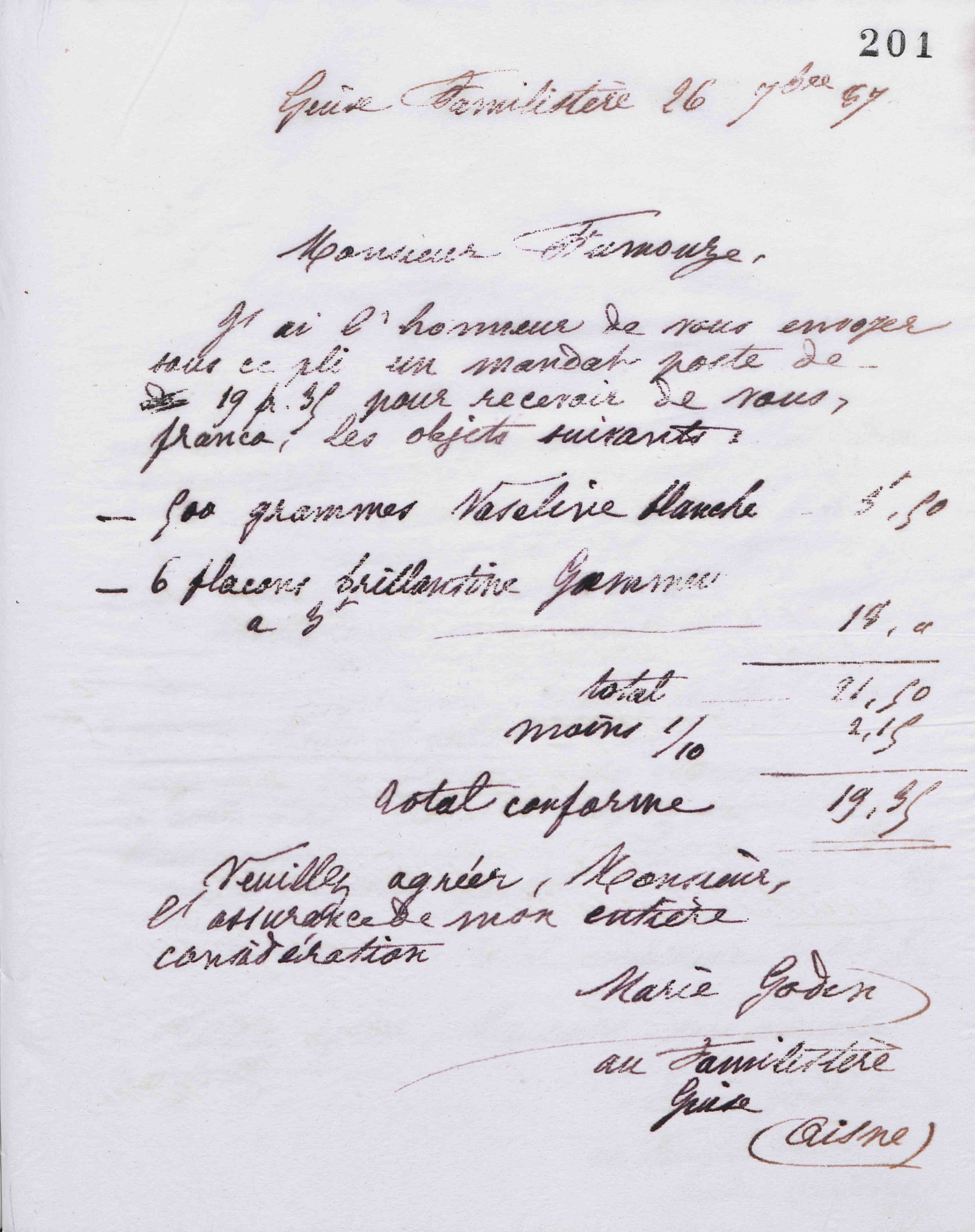 Marie Moret à Fumouze frères, 26 septembre 1887