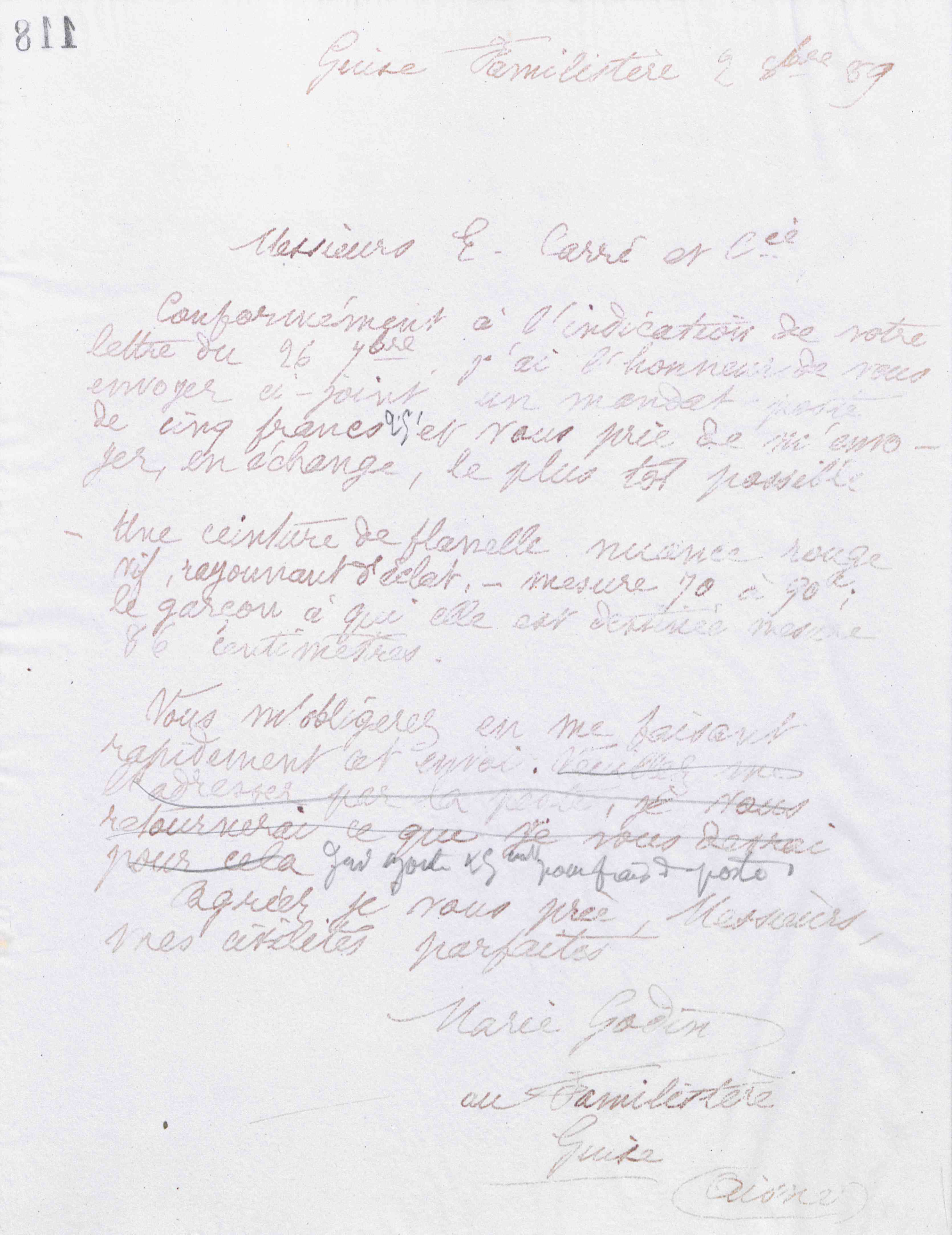 Marie Moret à La Chemiserie spéciale, 2 octobre 1889