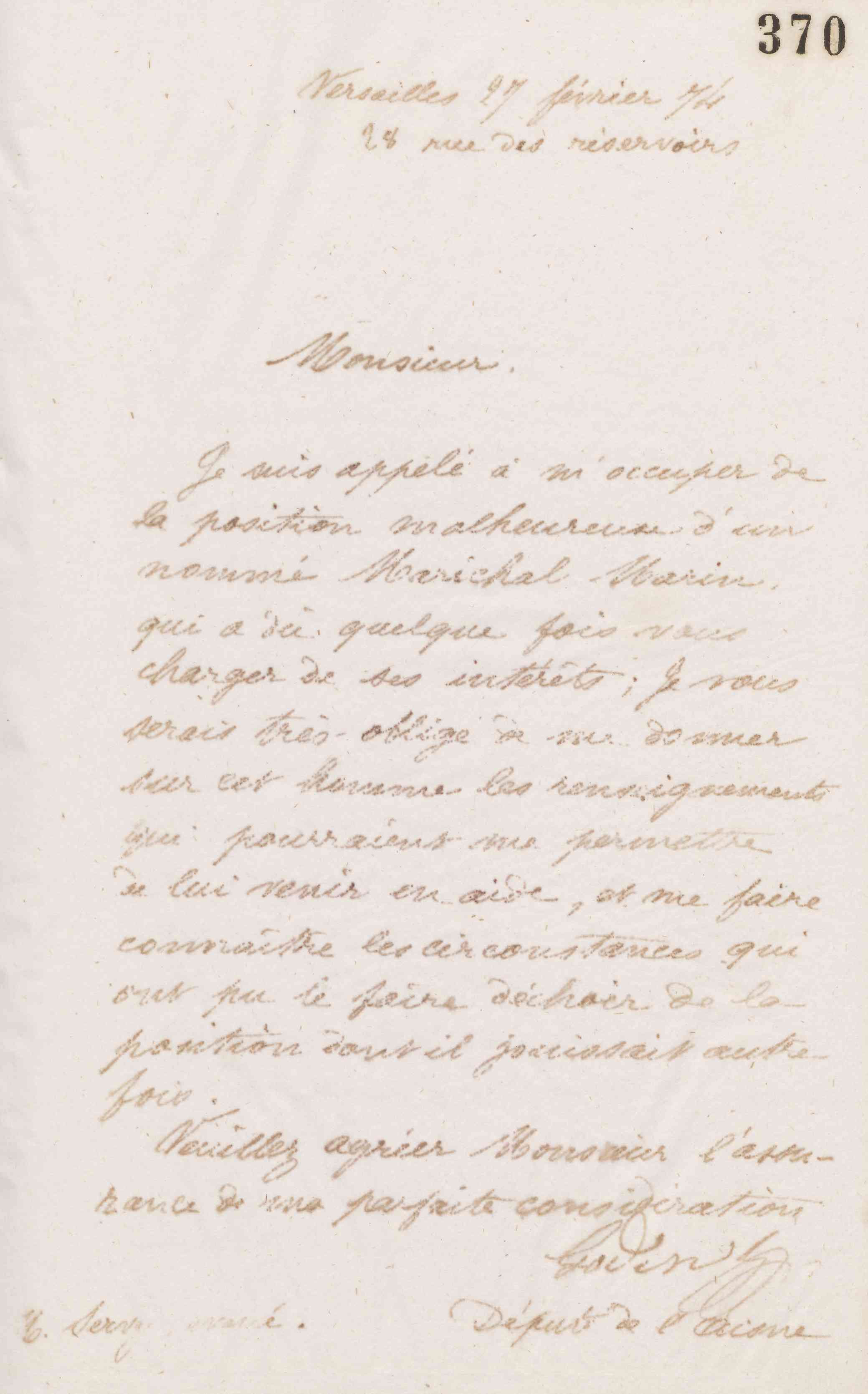 Jean-Baptiste André Godin à monsieur Servy, 28 février 1874