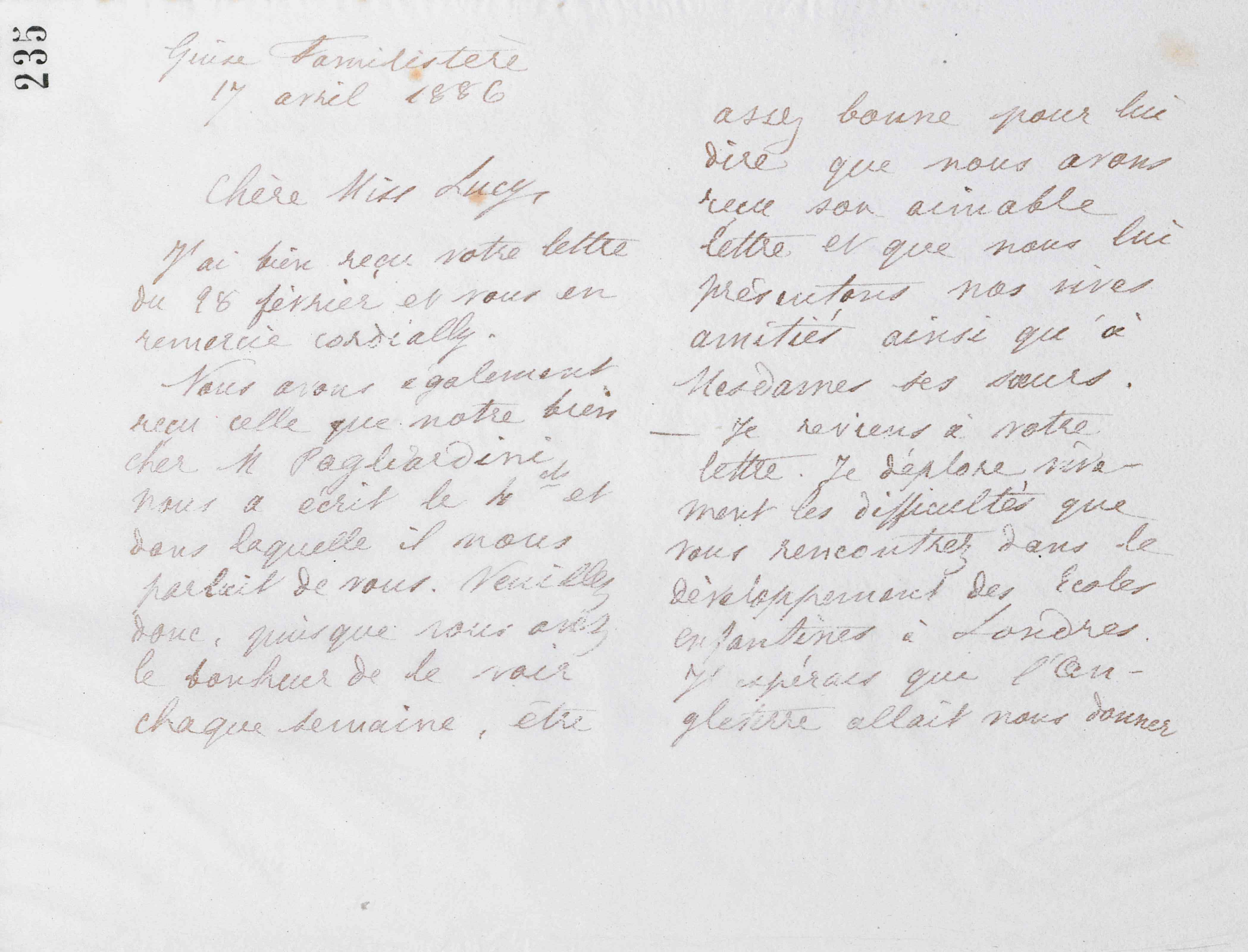 Marie Moret à Lucy Latter, 17 avril 1886