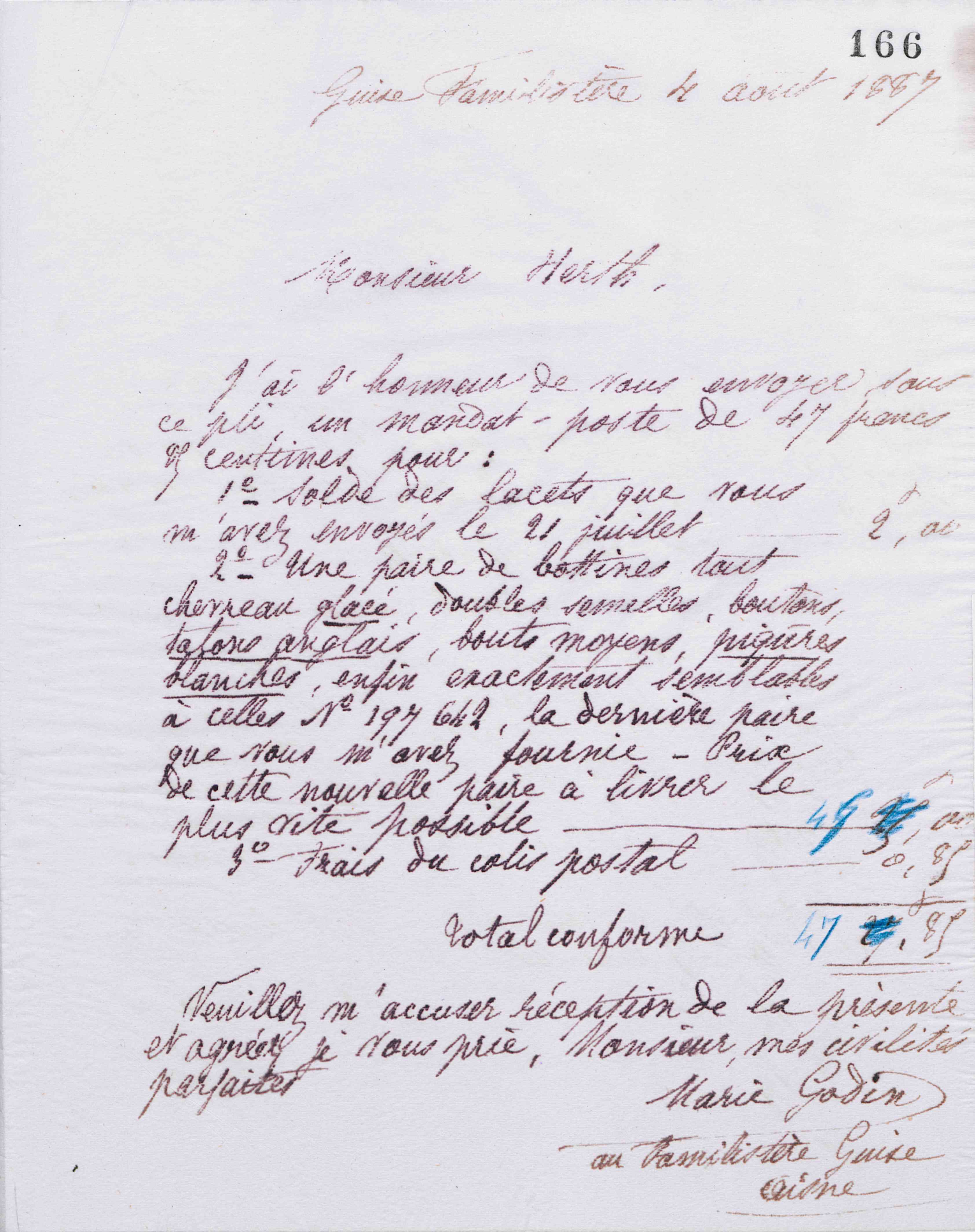 Marie Moret à Henry Herth, 4 août 1887
