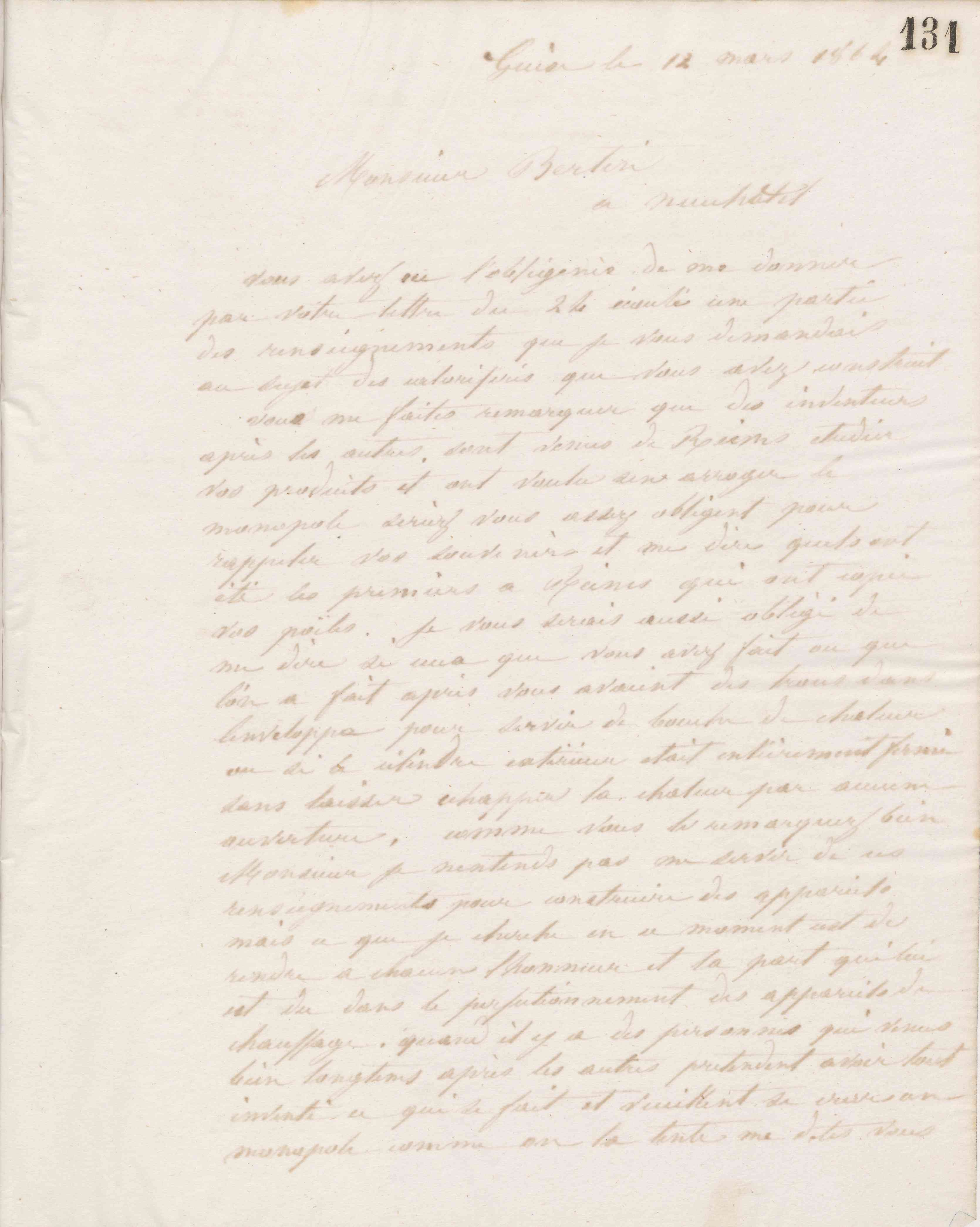 Jean-Baptiste André Godin à monsieur Bertin, 12 mars 1864 Jean-Baptiste André Godin à monsieur Bertin, 12 mars 1864