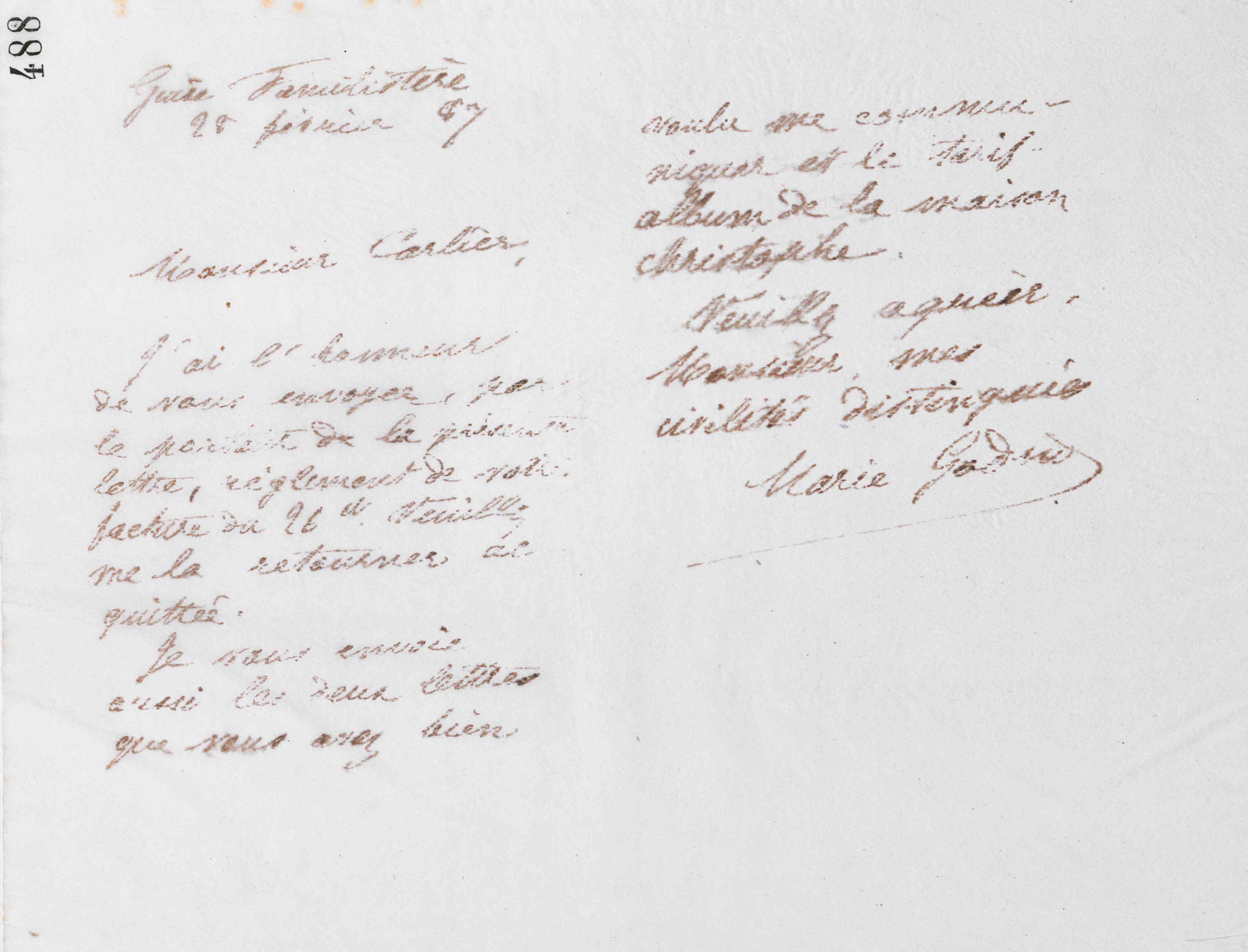 Marie Moret à monsieur Carlier, 28 février 1887 Marie Moret à monsieur Carlier, 28 février 1887