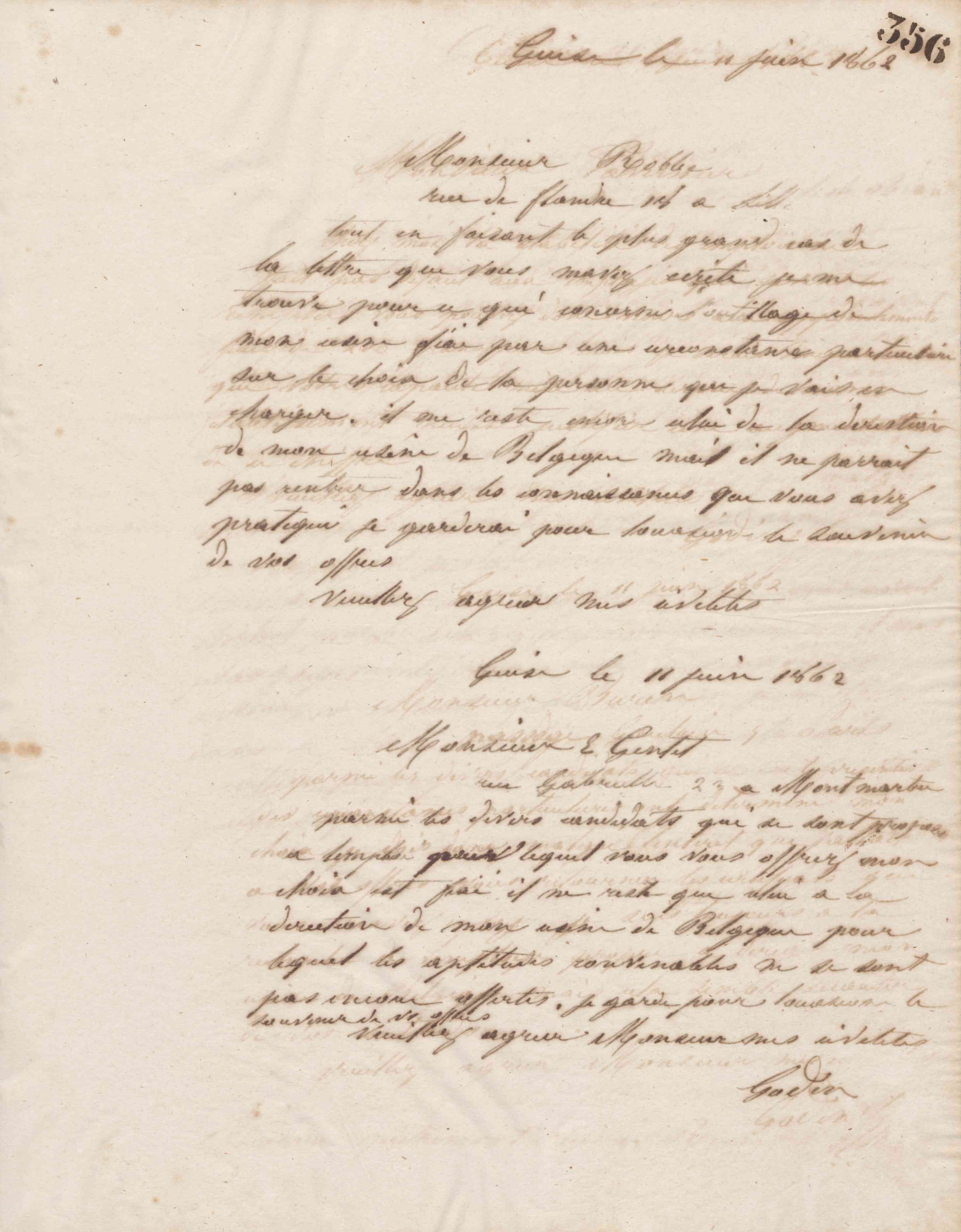 Jean-Baptiste André Godin à monsieur Robbe, 11 juin 1862 Jean-Baptiste André Godin à monsieur Robbe, 11 juin 1862