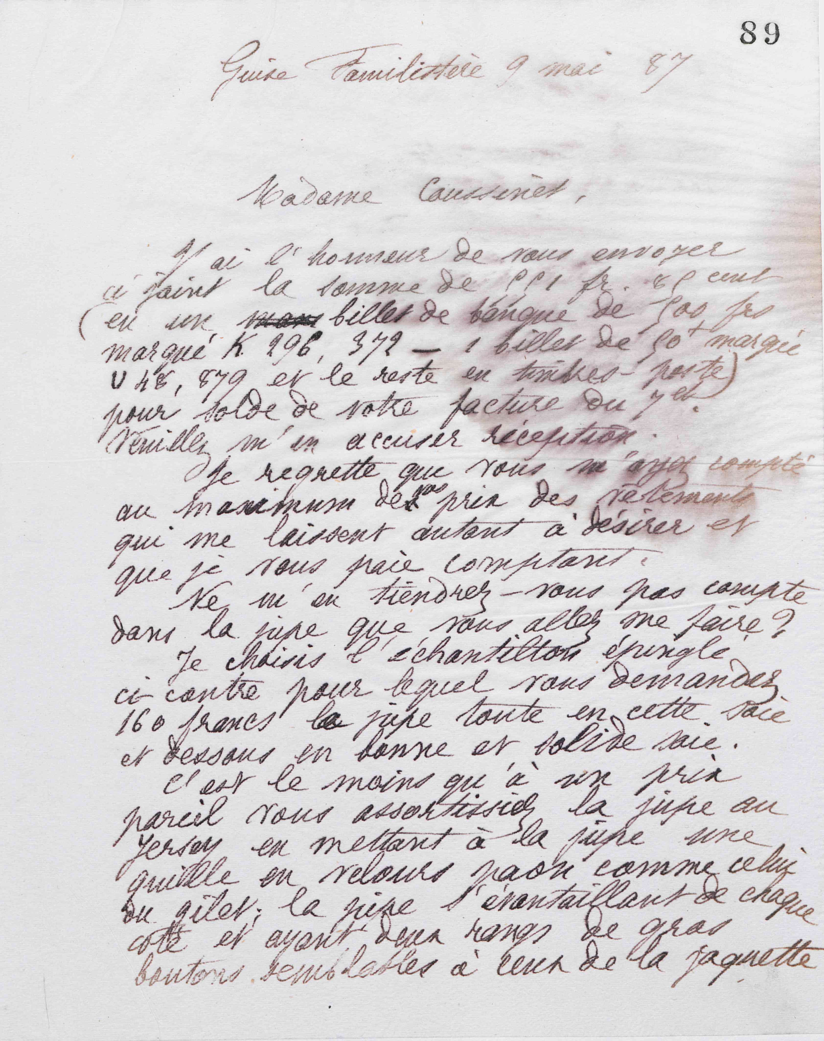 Marie Moret à madame Coussinet, 9 mai 1887 Marie Moret à madame Coussinet, 9 mai 1887