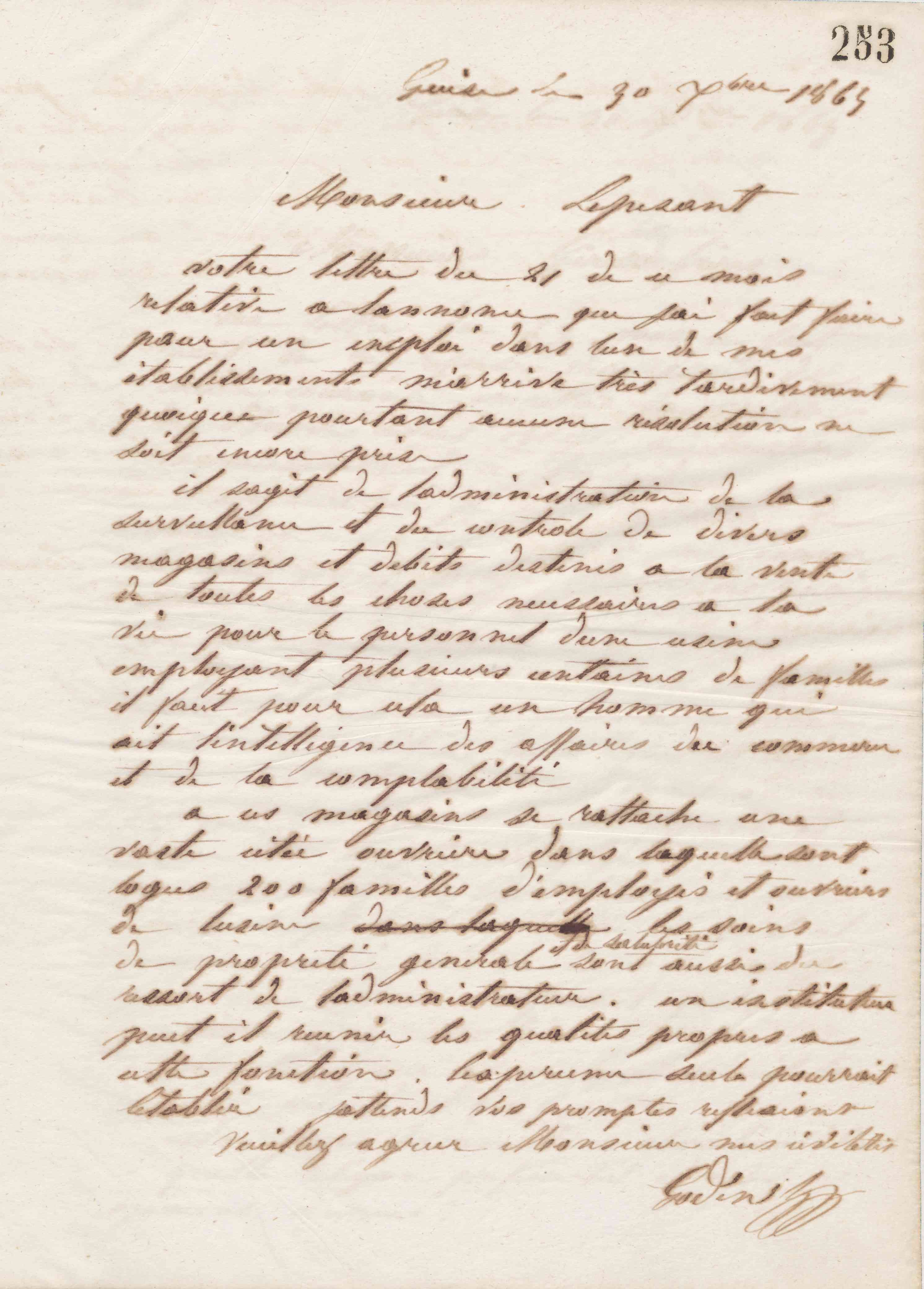 Jean-Baptiste André Godin à monsieur Lepesant, 30 décembre 1865