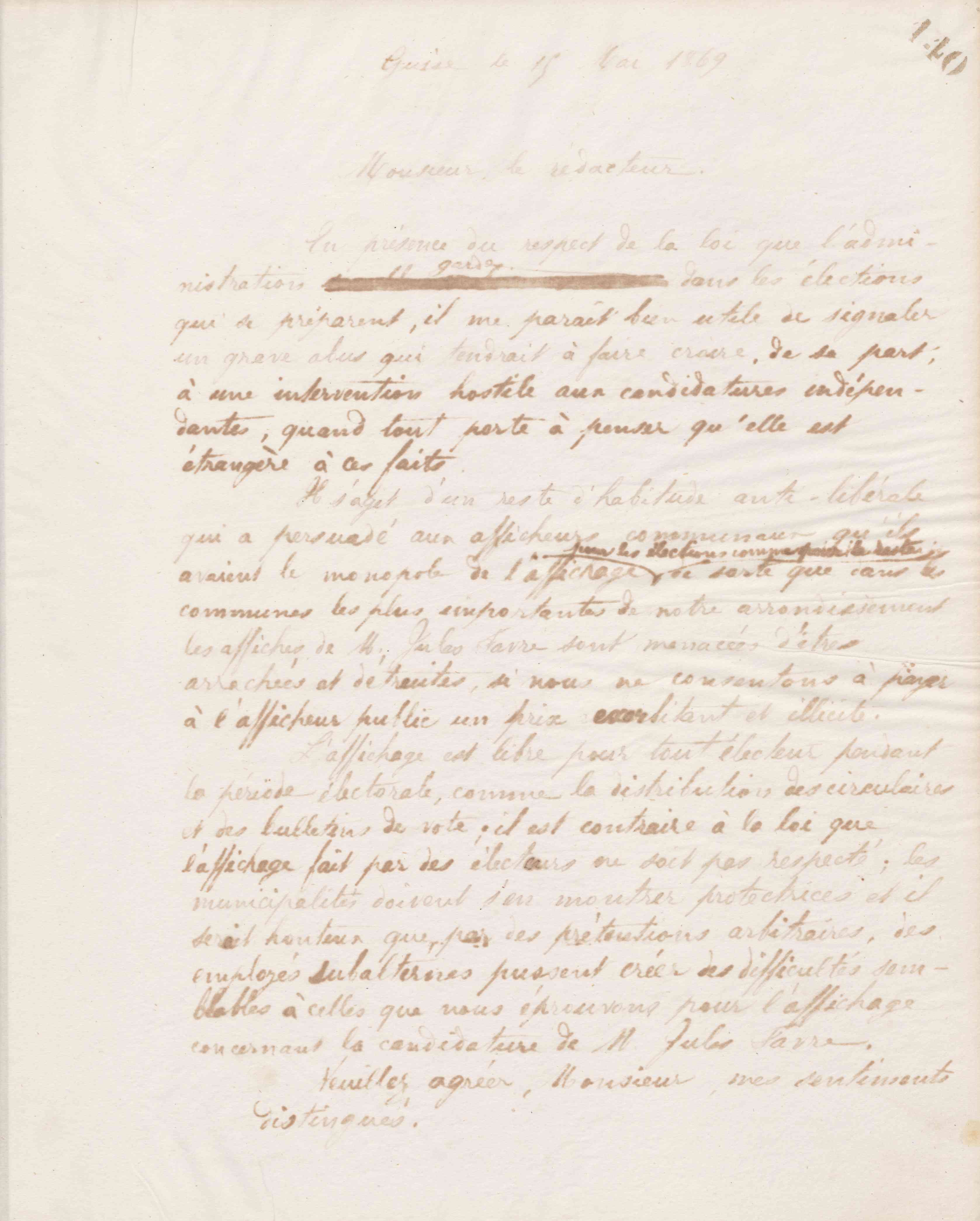 Jean-Baptiste André Godin au rédacteur d'un journal, 15 mai 1869