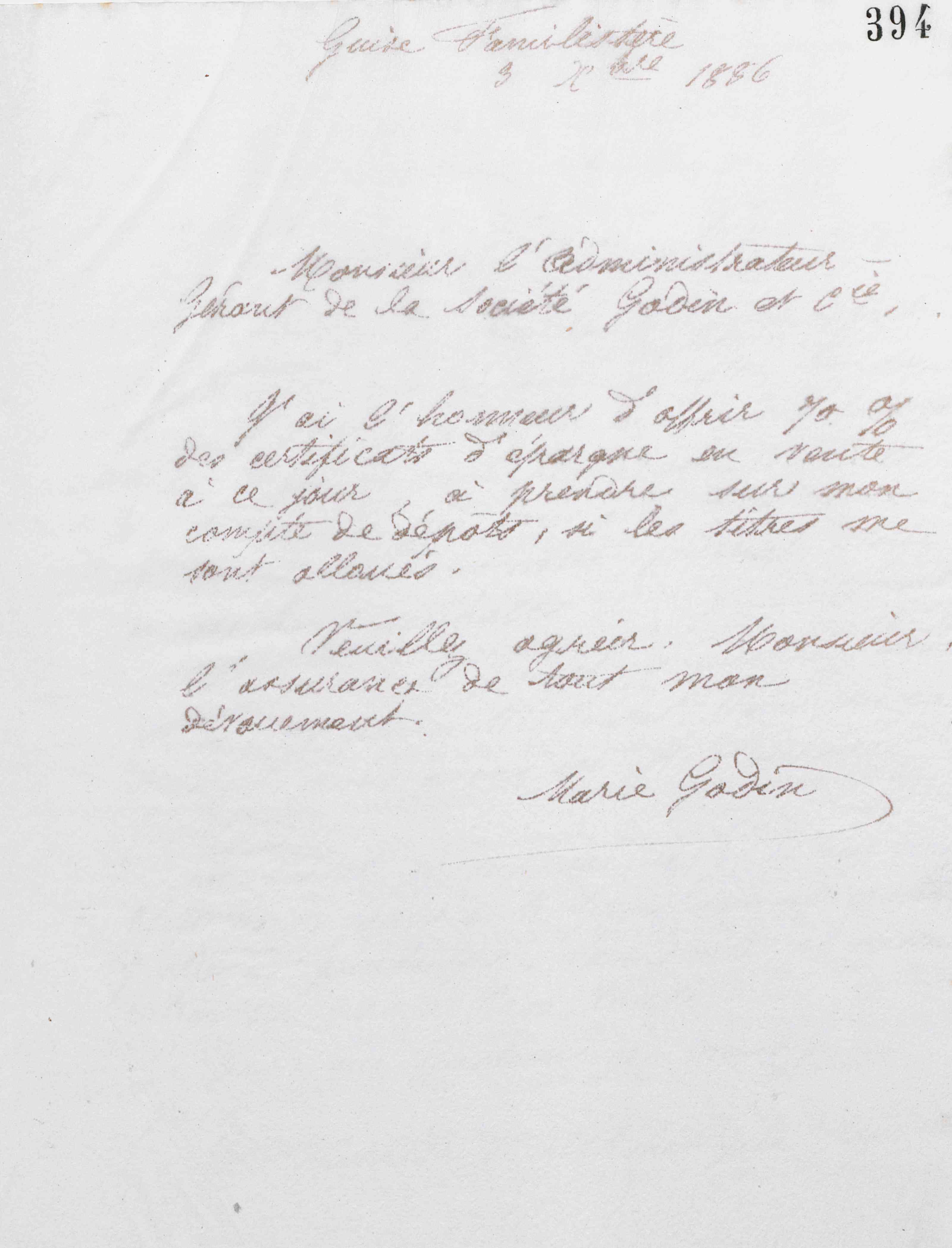 Marie Moret à l'administrateur-gérant de la Société Godin et Cie, 3 décembre 1886 Marie Moret à l'administrateur-gérant de la Société Godin et Cie, 3 décembre 1886