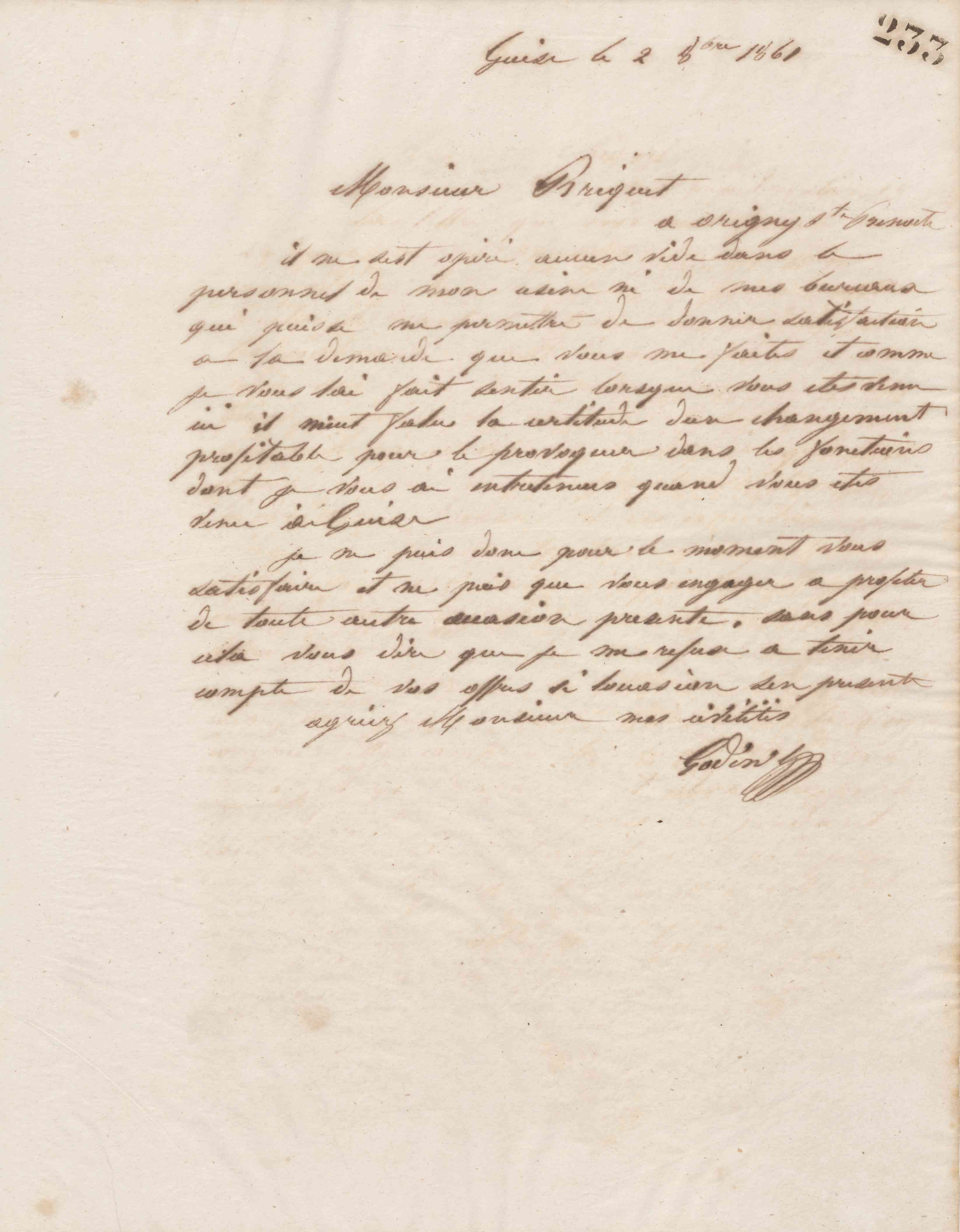 Jean-Baptiste André Godin à monsieur Briquet, 2 octobre 1861