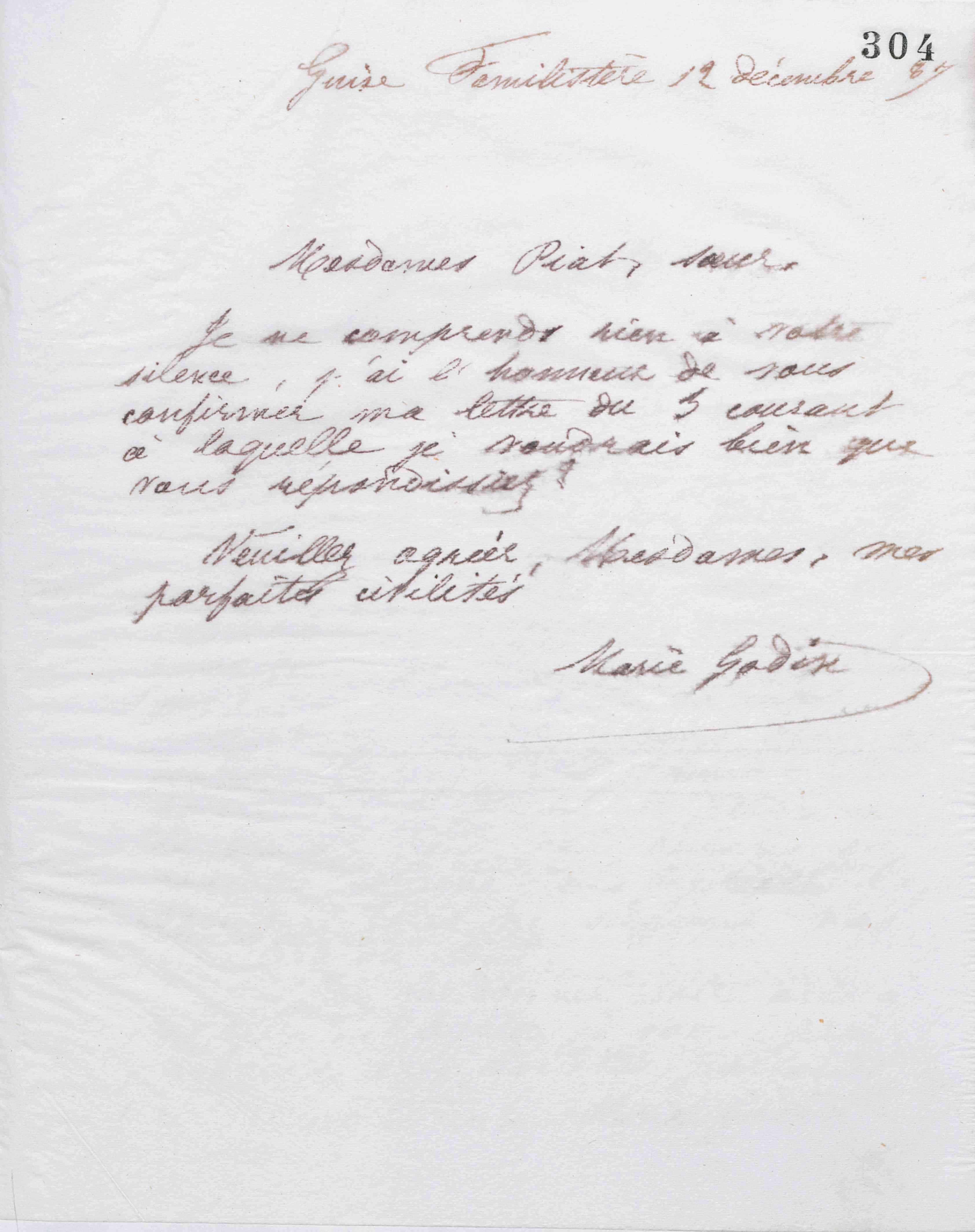 Marie Moret à Piat sœurs, 12 décembre 1887