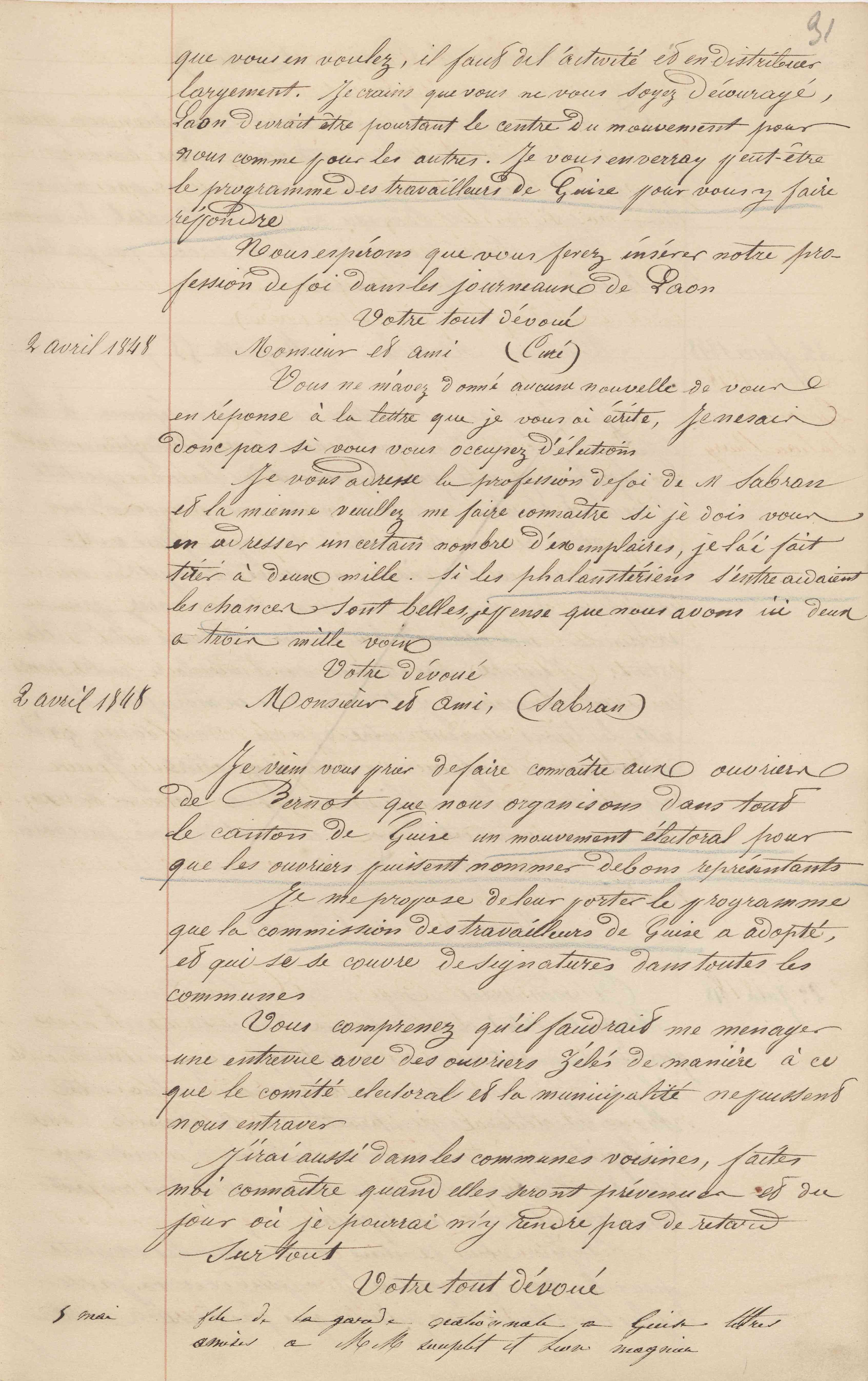 Jean-Baptiste André Godin à Léon Magnier, 5 mai 1848
