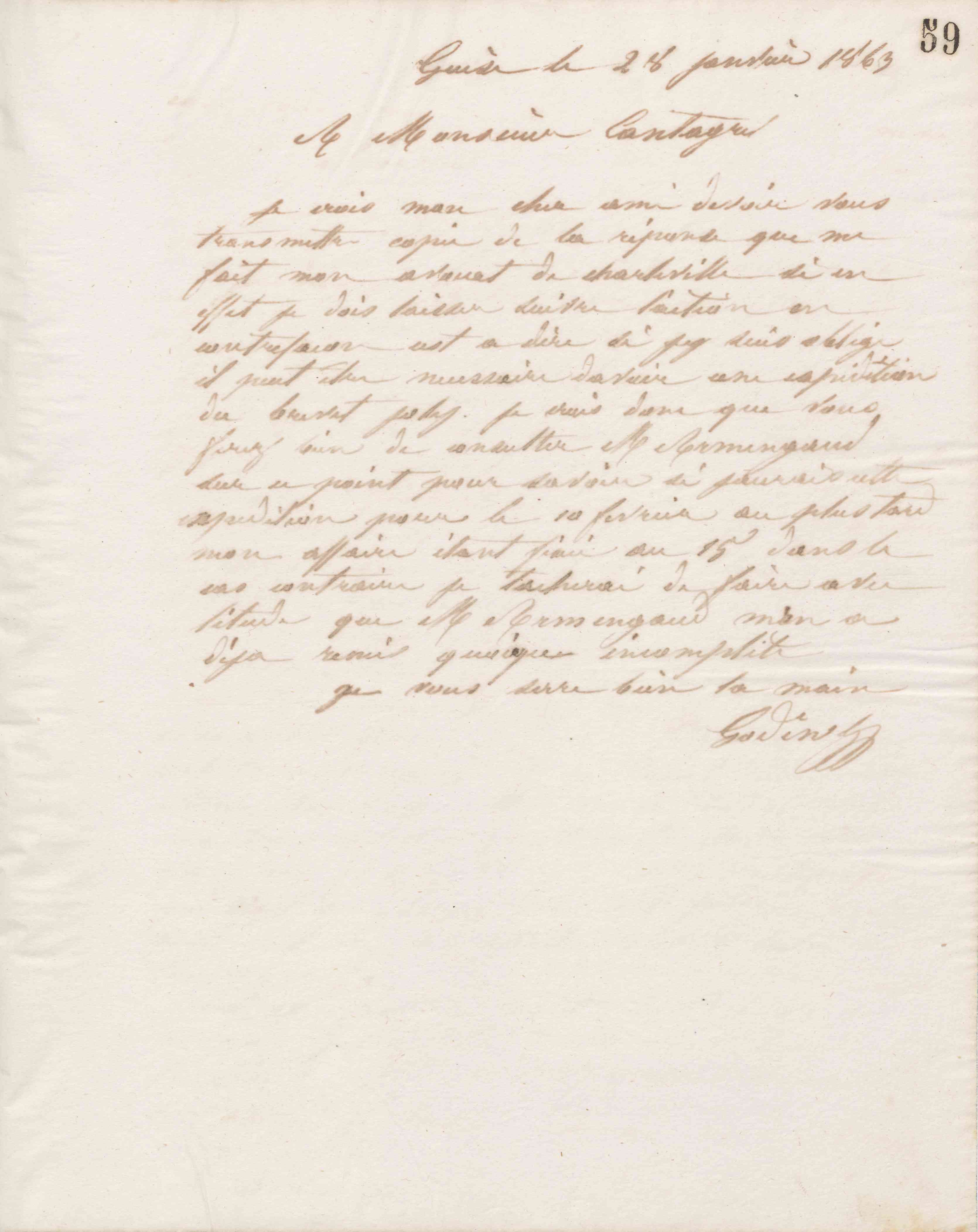 Jean-Baptiste André Godin à François Cantagrel, 28 janvier 1864