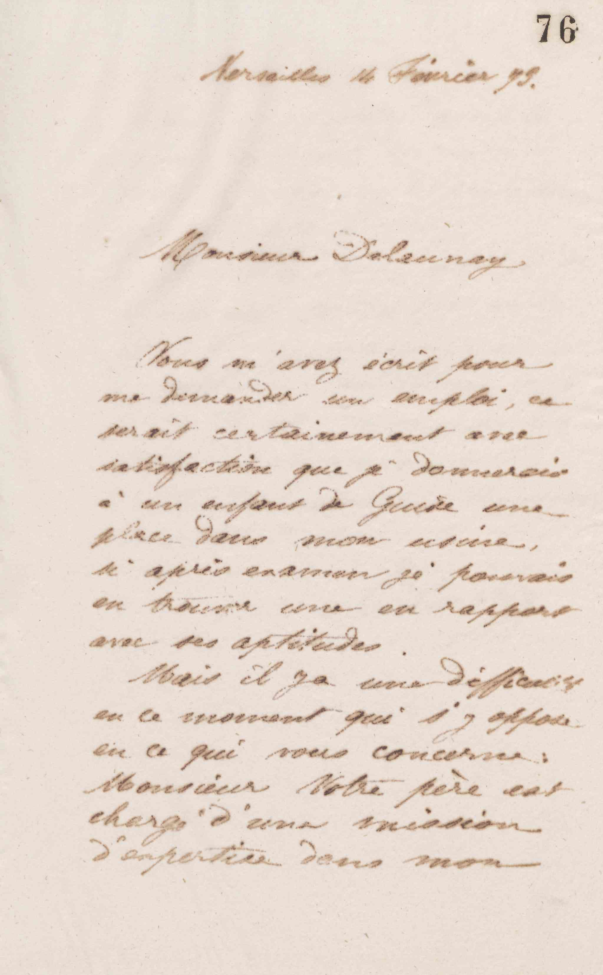 Jean-Baptiste André Godin à monsieur Delaunay, 14 février 1873