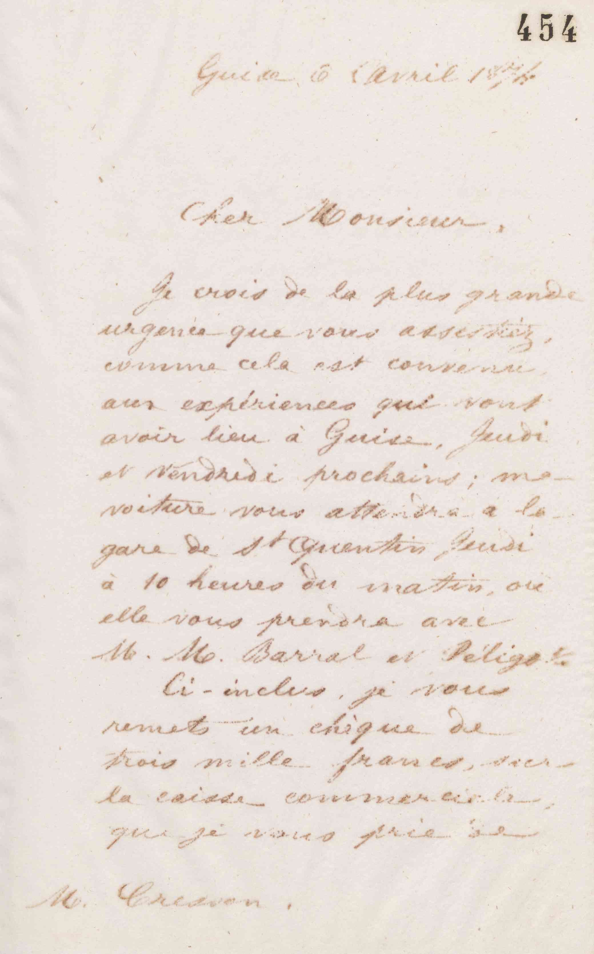 Jean-Baptiste André Godin à Guillaume Ernest Cresson, 6 avril 1874
