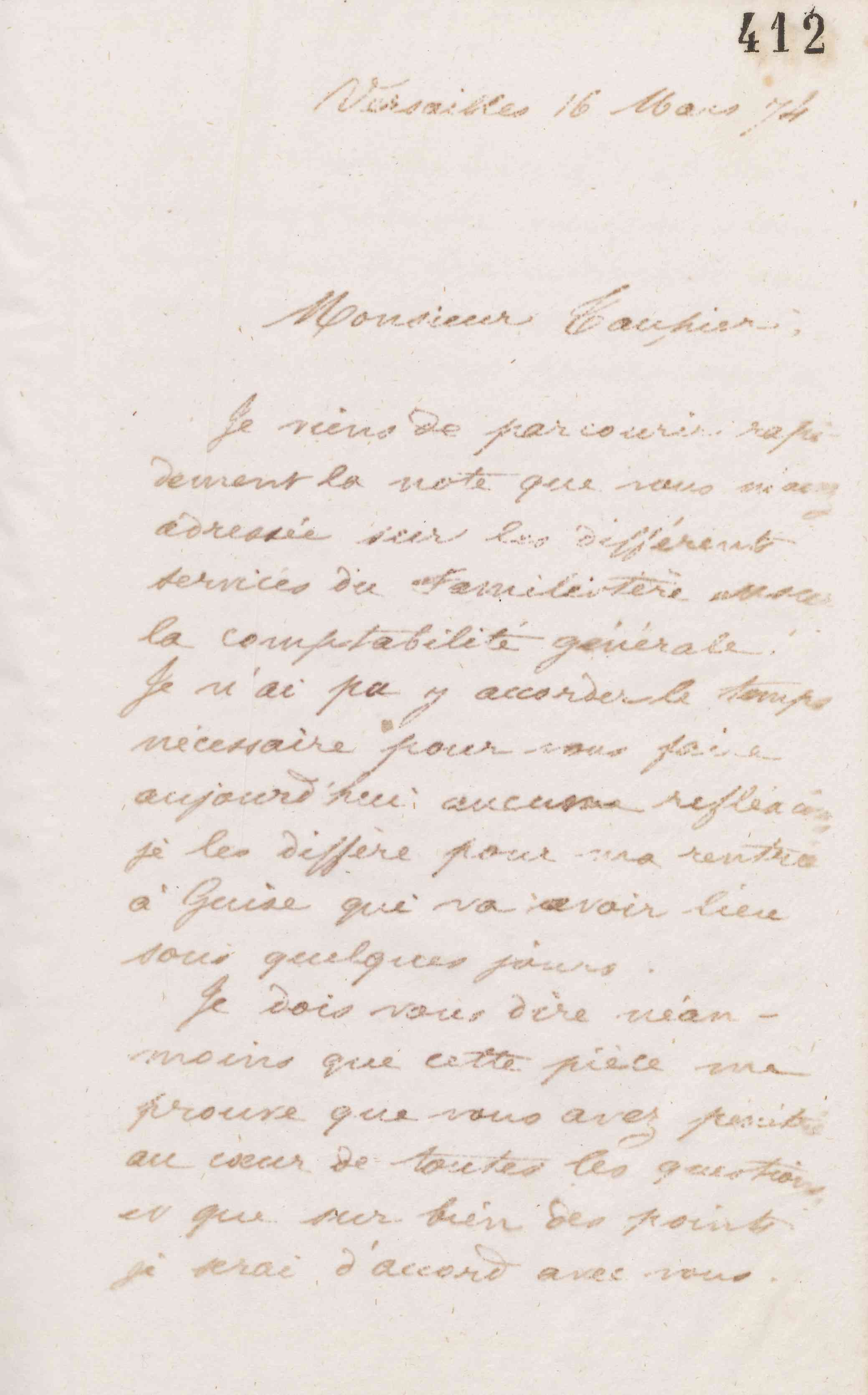 Jean-Baptiste André Godin à monsieur Taupier, 16 mars 1874