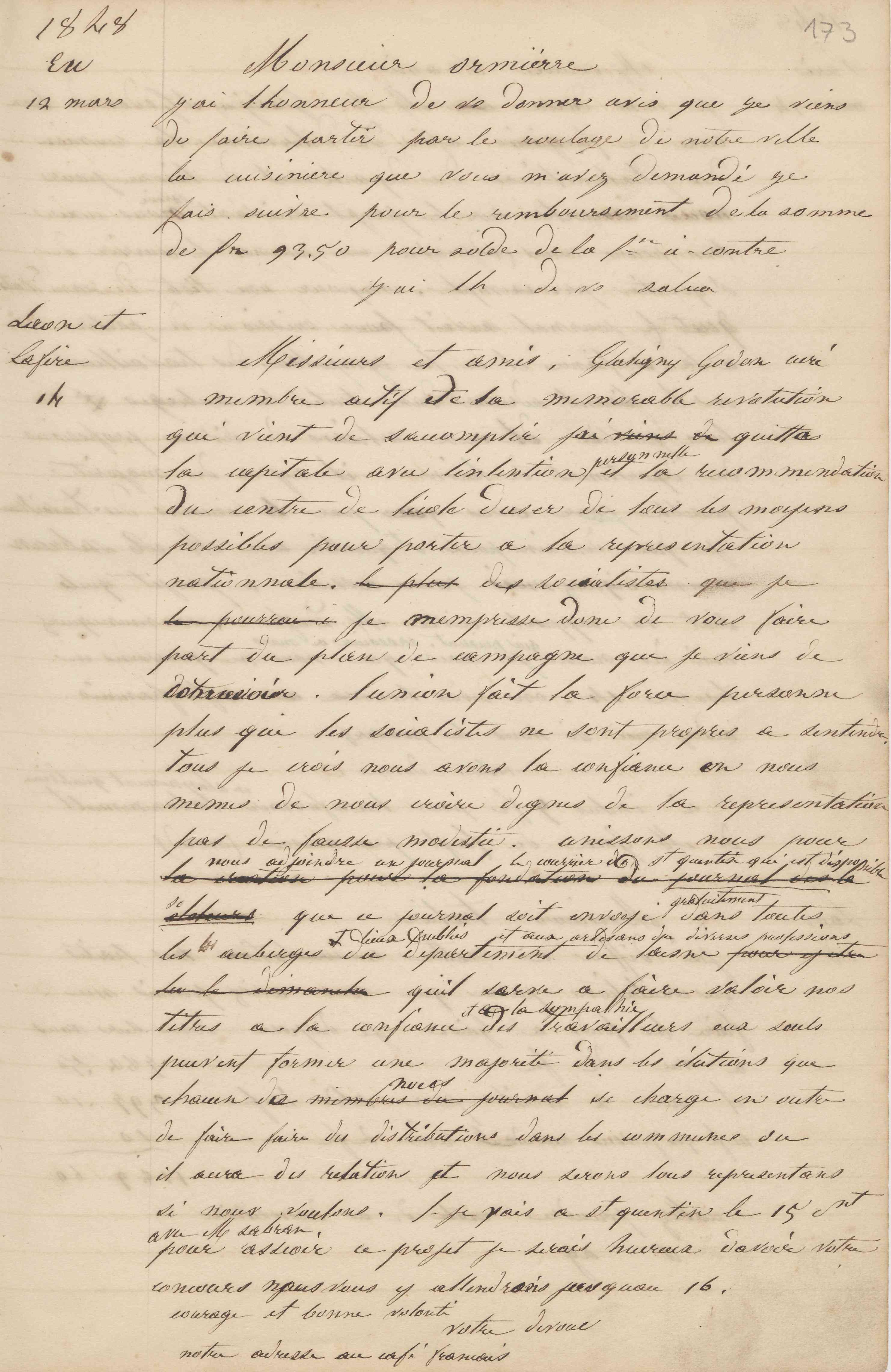 Jean-Baptiste André Godin à messieurs Jacques-François Glatigny, Jules-Charles Godon et Curé, 14 mars 1848