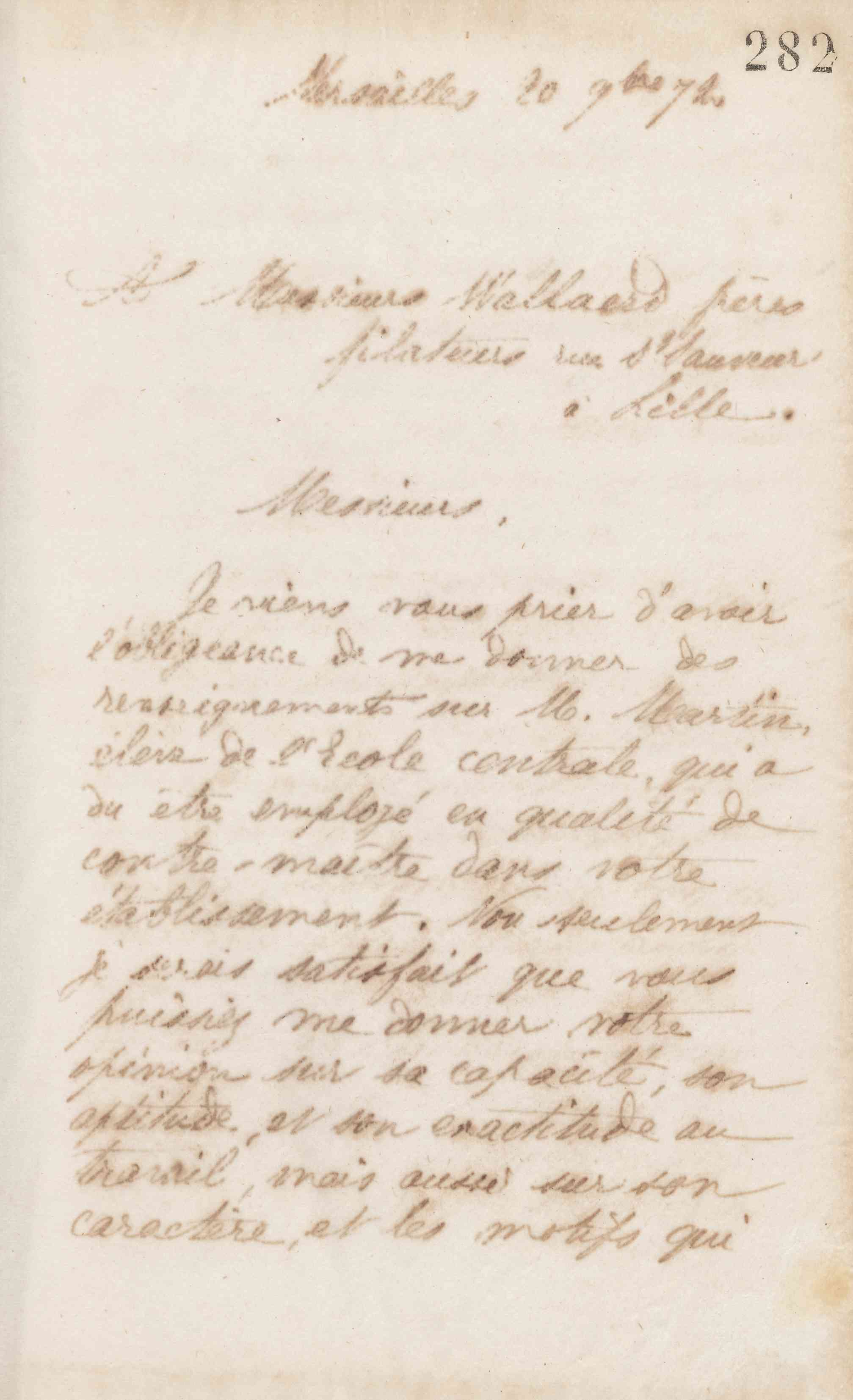 Jean-Baptiste André Godin à messieurs Wallaert frères, 20 novembre 1872