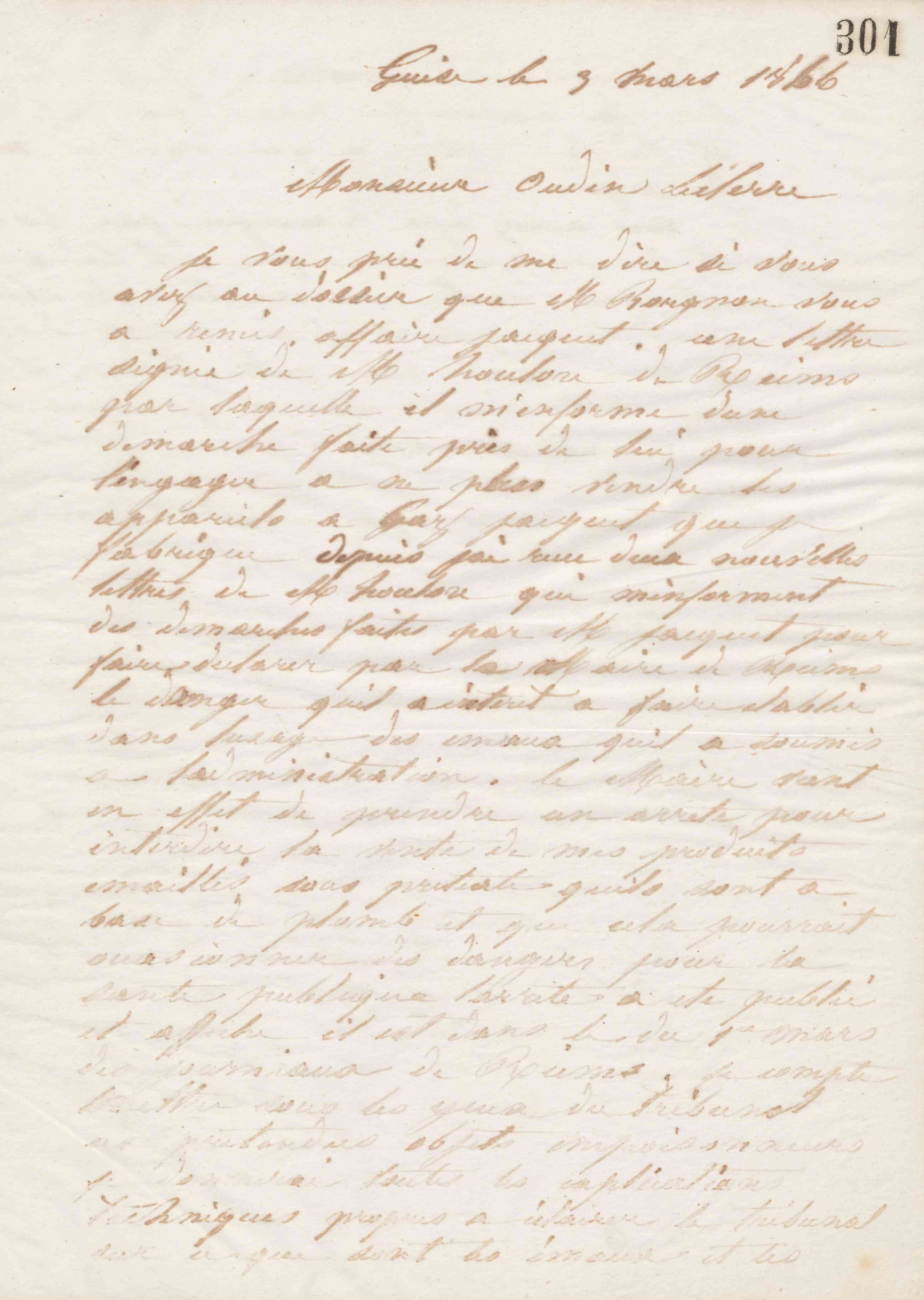 Jean-Baptiste André Godin à Louis Oudin-Leclère, 3 mars 1866