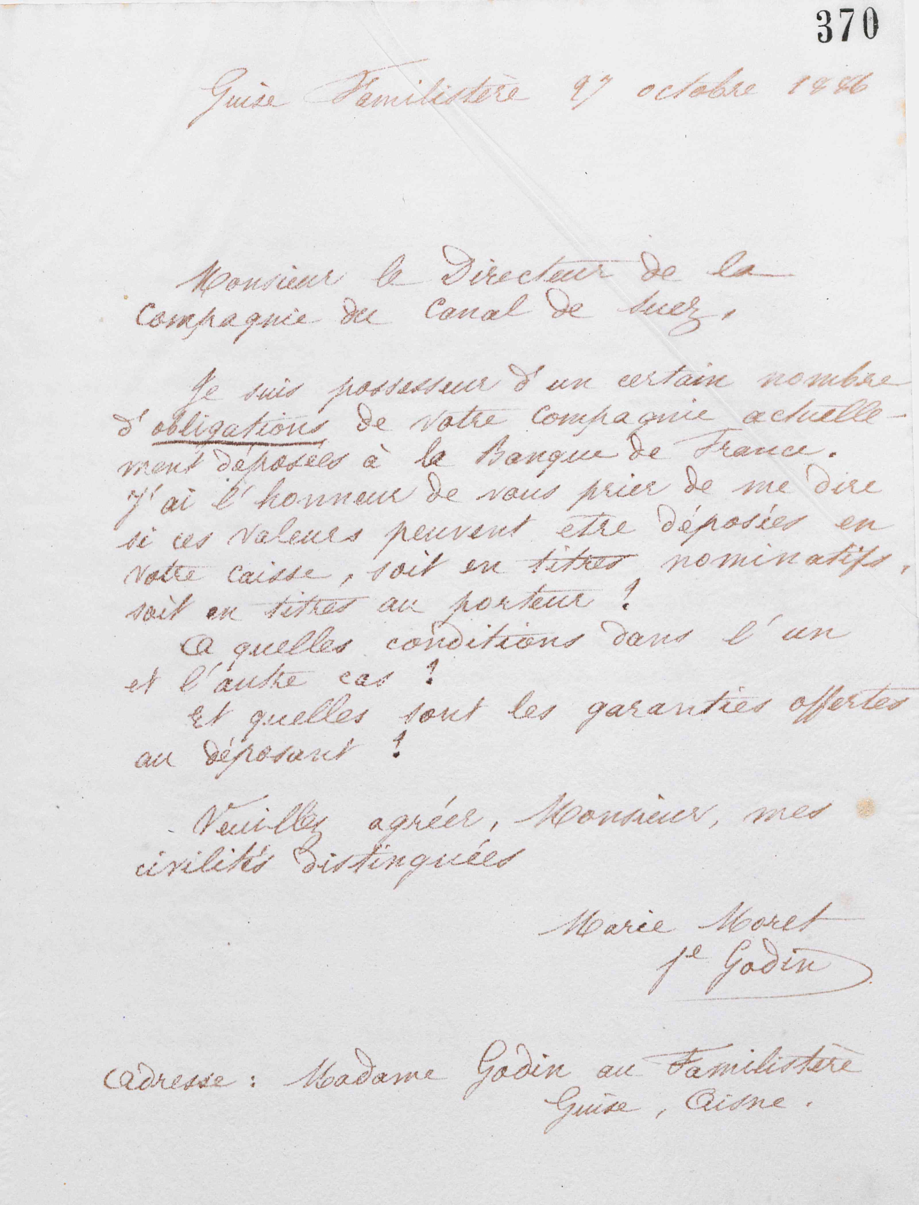 Marie Moret à la Compagnie universelle du canal maritime de Suez, 27 octobre 1886